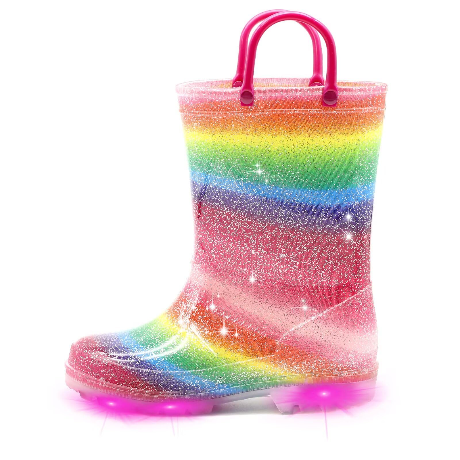 EUXTERPA Kids Toddler Light Up Rain Boots Boys Girls Waterproof Patterns and Glitter Boots with Easy On Handles