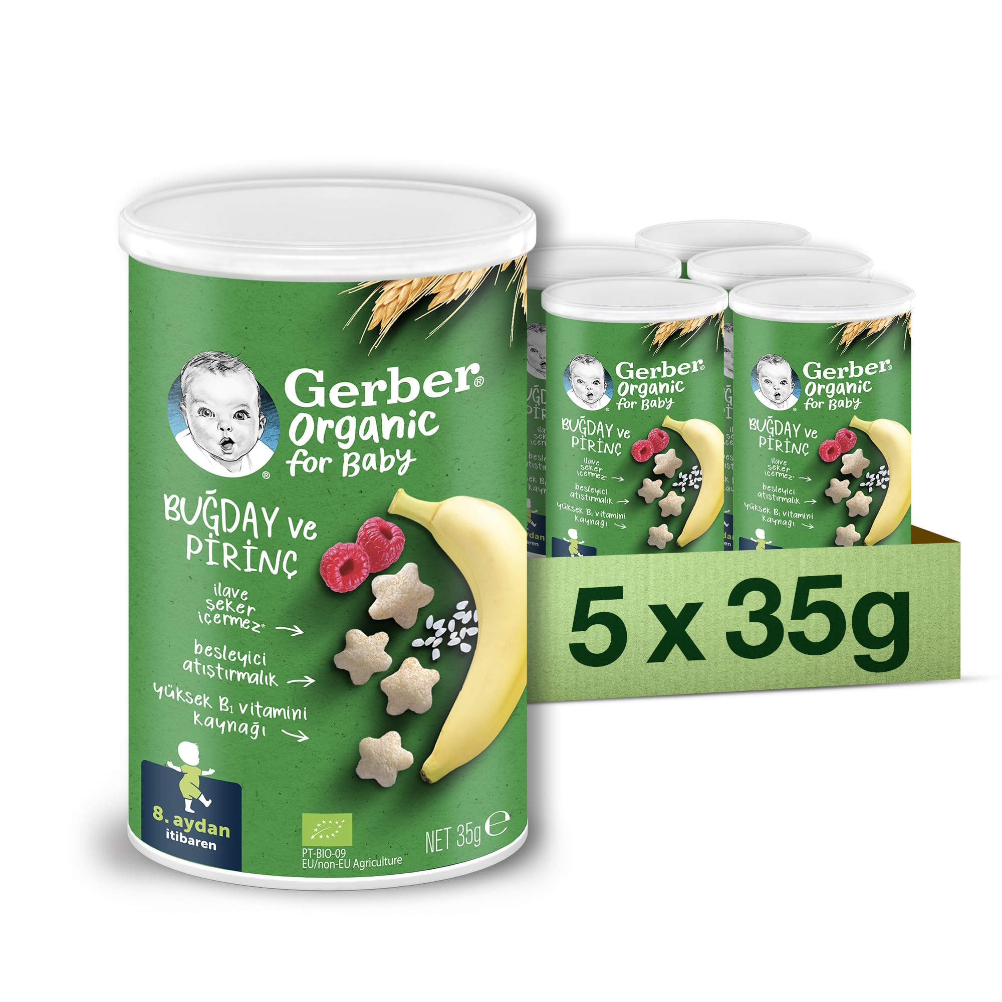 Gerber Organik Pirinçli, Buğdaylı, Muzlu ve Ahududulu Bebek Atıştırmalığı 35 g x 5