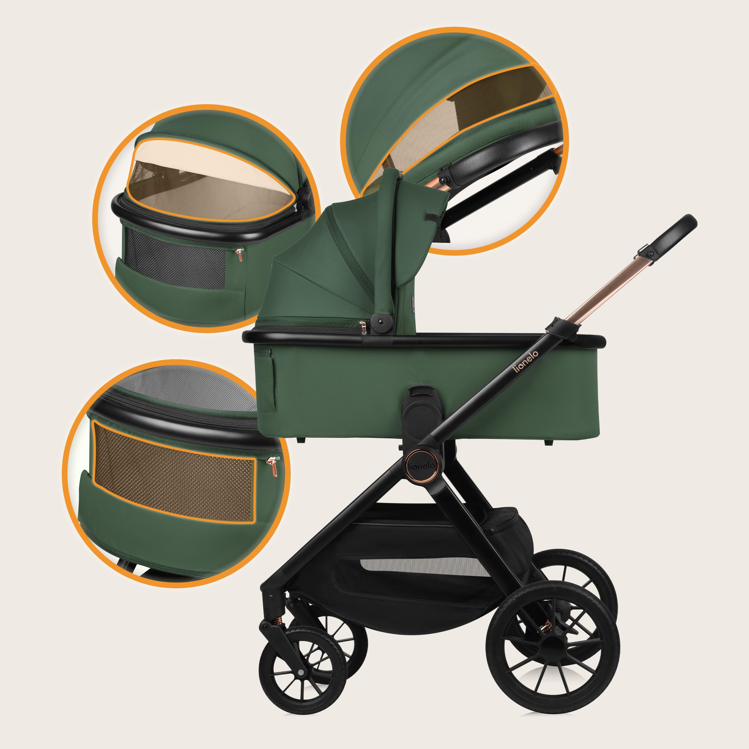 LIONELO LAYLA 2 w 1 Wózek Spacerowy Dziecięcy 0-48 miesięcy do 22 kg Gondola do 9 kg, Regulacja Oparcia i Podnóżka, AiryDots, Obrotowe Koła PU 360° Pełna Amortyzacja Budka XXL