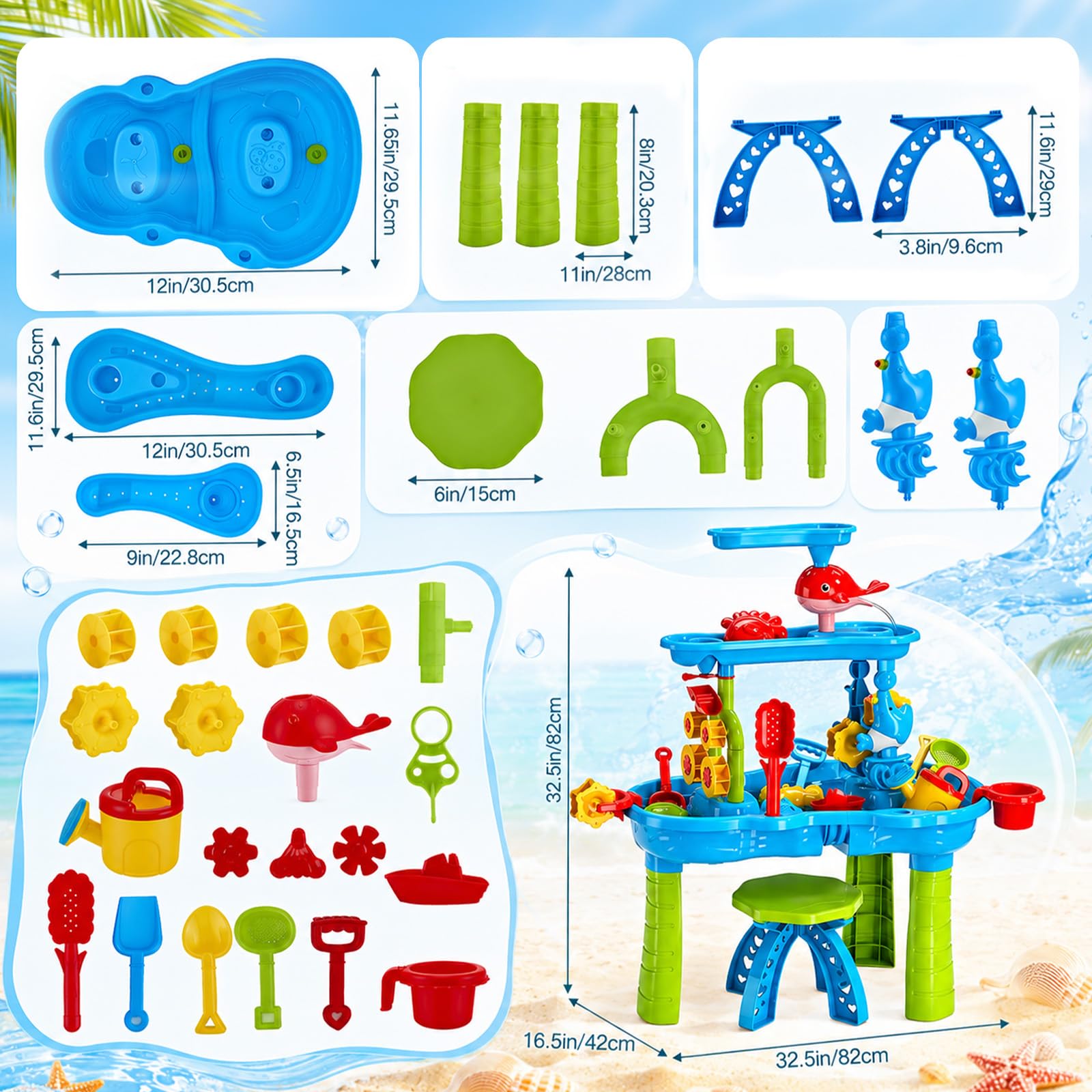 Tavolo da gioco 2 in 1 per bambini, stabile e affidabile, 3 livelli, effetto ruota d'acqua, con cascata e accessori di animali marini, giocattolo d'acqua per bambini, per esterni, giardino, terrazza