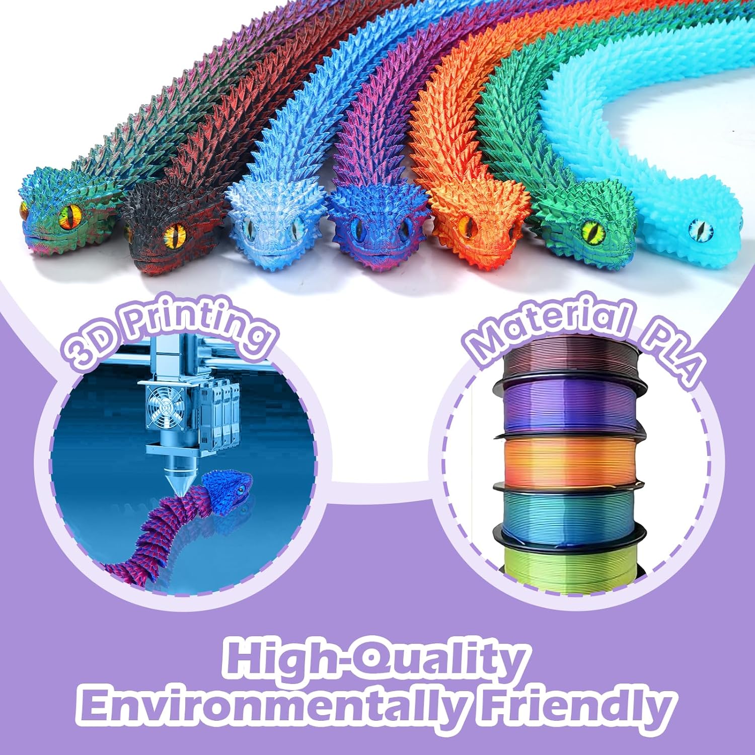 23.63 inch 3D Printed Viper,3D Printed Snake Toy,3D Printed Animal, Fingertip Toys for Autism Hyperactivity Disorder-Home Office Decor Executive Desk Toys