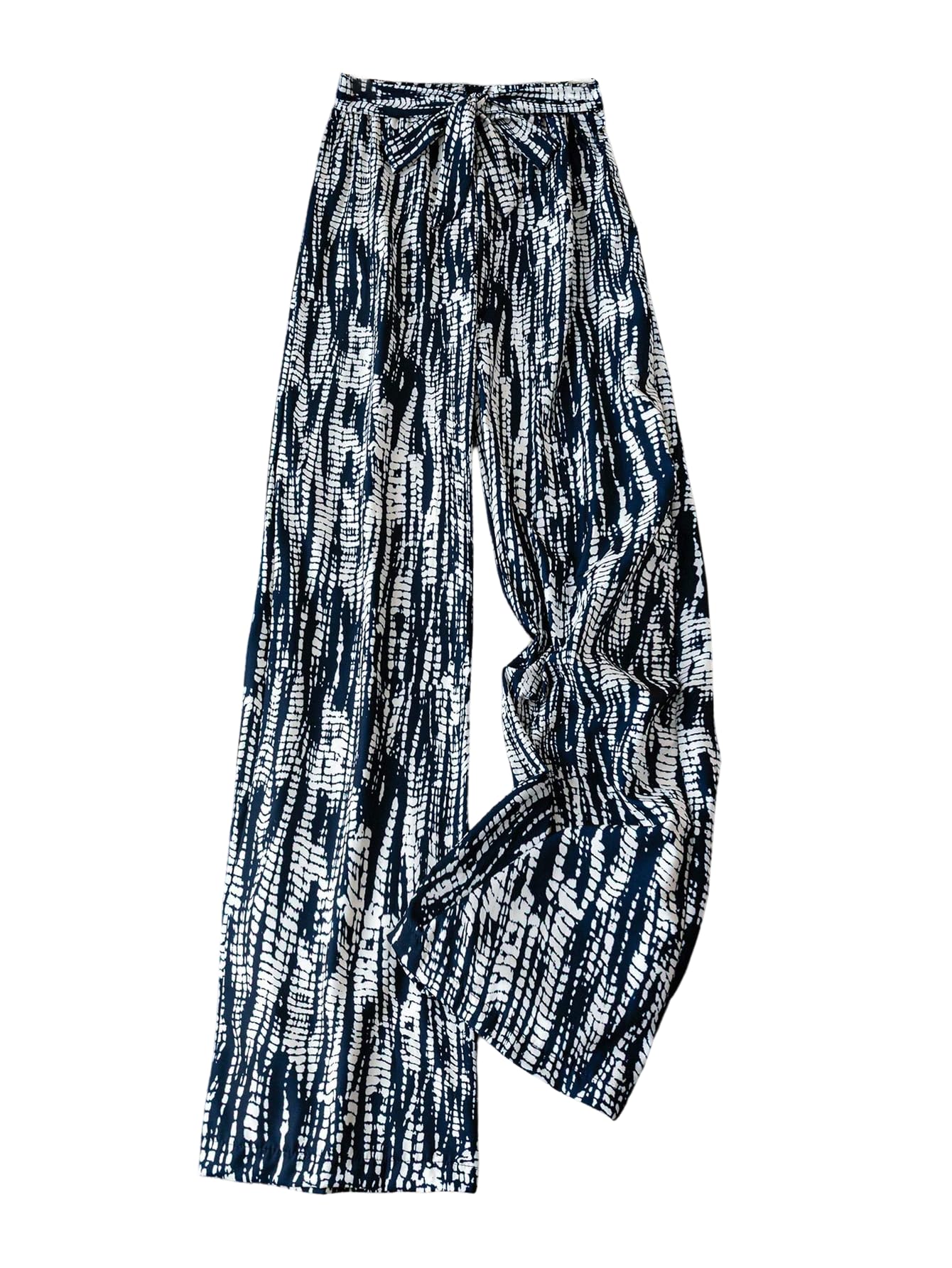 OYOANGLE Womens Graphic Casual Wide Leg Pants Tie Front Elastic Waist Vacation Palazzo Trousers