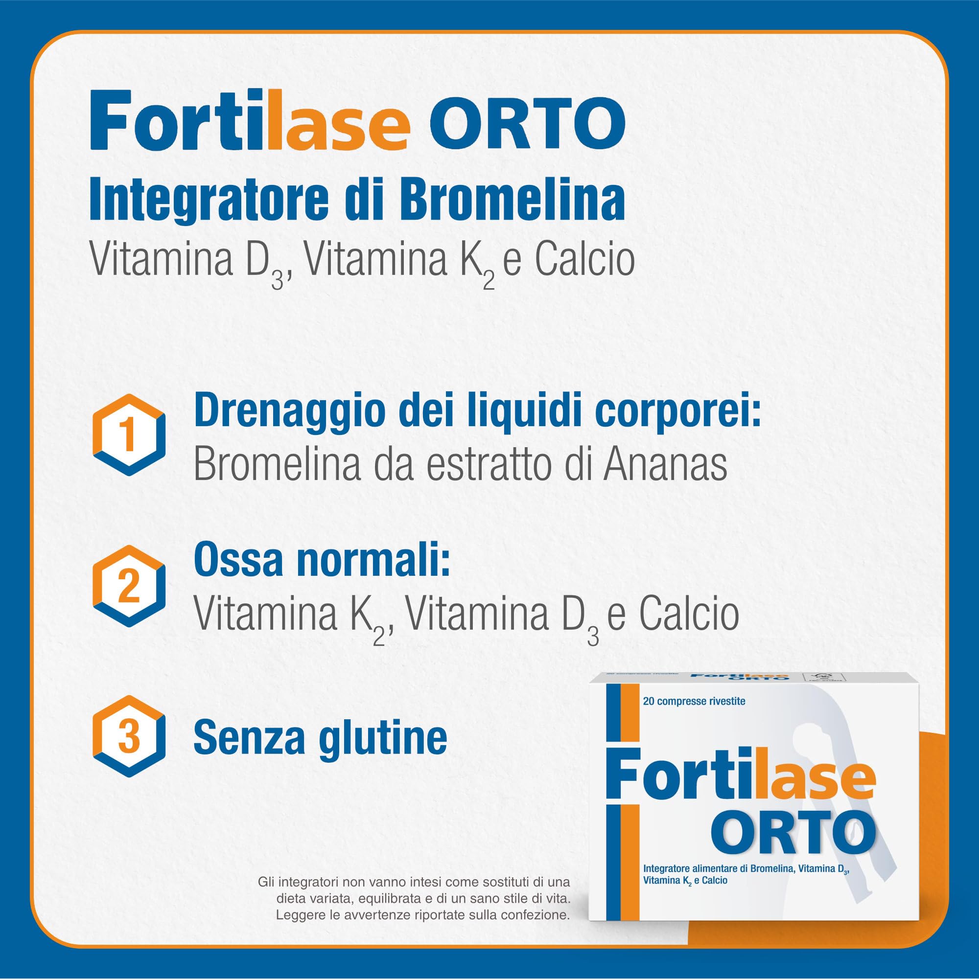 Fortilase Orto, 20 Compresse, Integratore Alimentare di Bromelina, Vitamina D3, Vitamina K2 e Calcio, Supporta il Sistema Osseo e Articolare