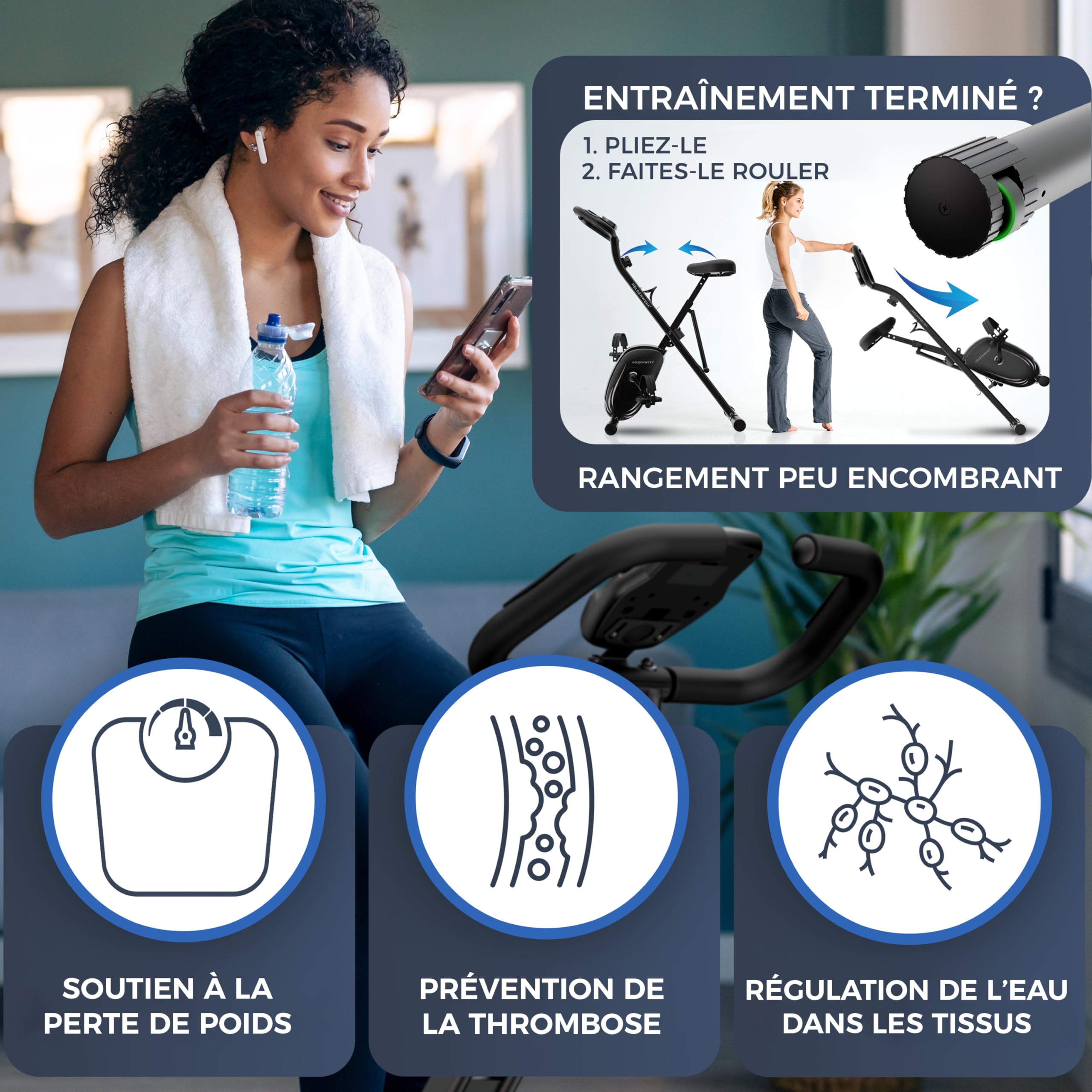 Vélo d’appartement pliable Set NEUF 2025 – silencieux & confortable [Selle confort FlexiFoam] – charge maximale 150 kg – velo d appartement certifié TÜV GS – vélo appartement pliant pour la maison