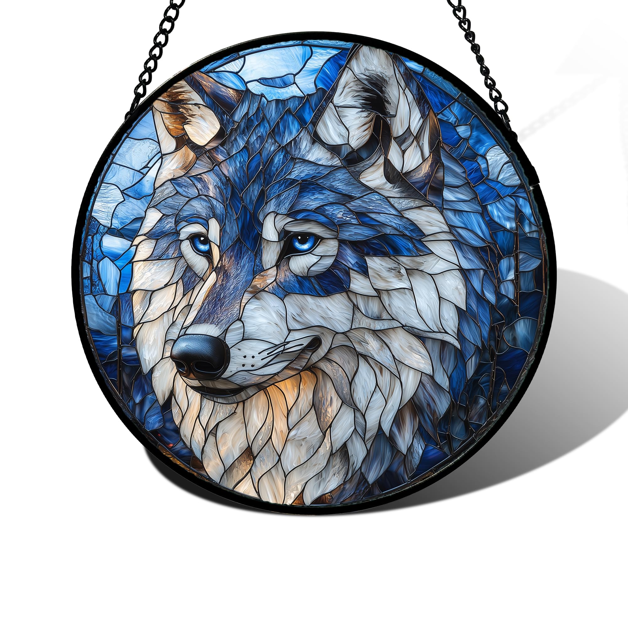 Blue Wolf Stained Glass Window Hanging Suncatcher Gifts for Women 9.8"