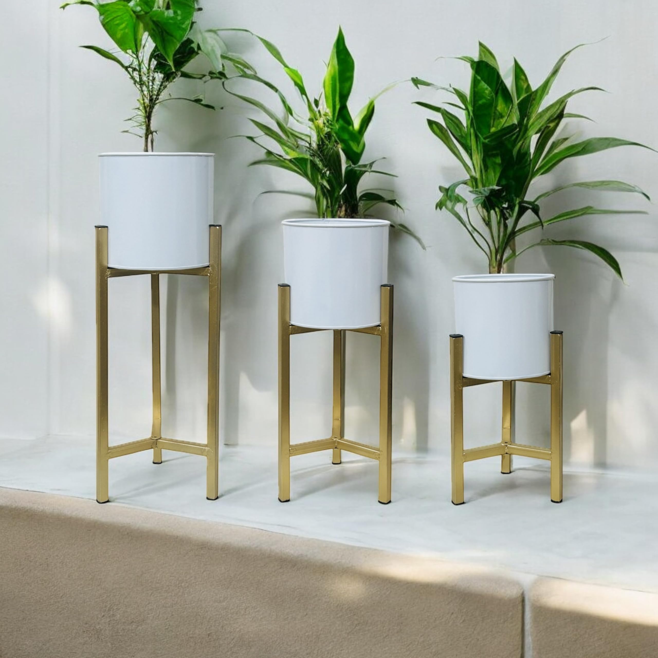 AMC DECORATIVES Graceful Circular White Metal Pots with Stand Set - Pack of 3 | Indoor Flower Planters | Plant Containers | Home Plant Container Stand (B0CZP4CK4P) Amazon Price History, Amazon Price Tracker