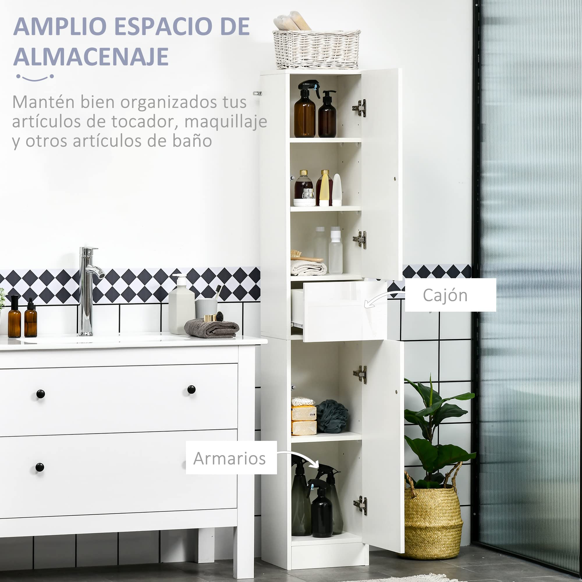 kleankin Armario Alto de Baño 1 Cajón Moderno 30x28x170 cm Blanco Brillo | 5 Estantes Abiertos, Columna Auxiliar de Baño,para Salón Aseo Dormitorio