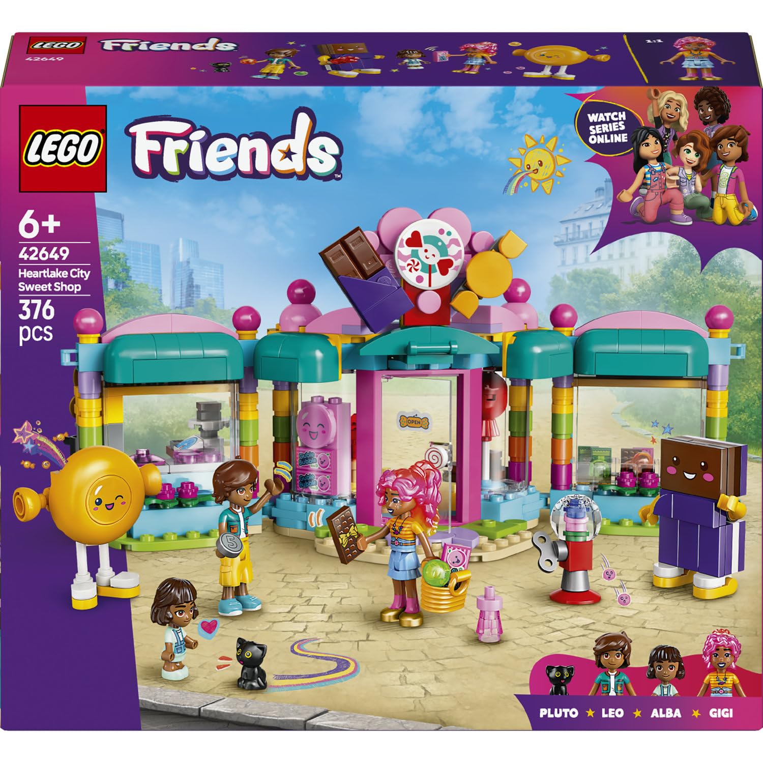 LEGO Friends Heartlake City Süßwarenladen 42649 | Spielzeug ab 6 Jahren für Mädchen, mit 3 Minifiguren, Katzenfigur, Spielzeug Lebensmittel & Zubehör, Geschenk, 376 Teile