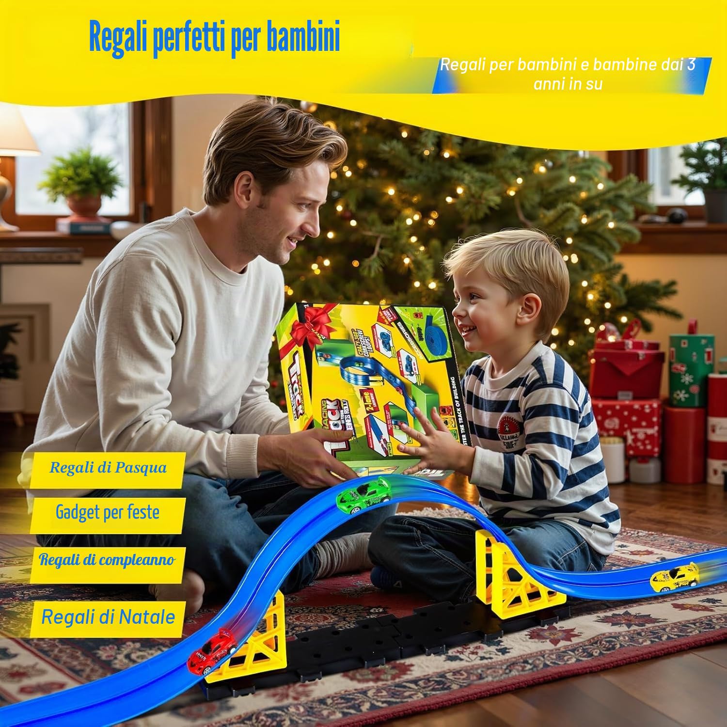 Pista per auto da corsa 5M Include 4 auto, Pista da corsa per auto con loop e pista a U, rotola su rampe a doppia pista da corsa, autostrada fai-da-te, giocattolo portatile pista per auto da