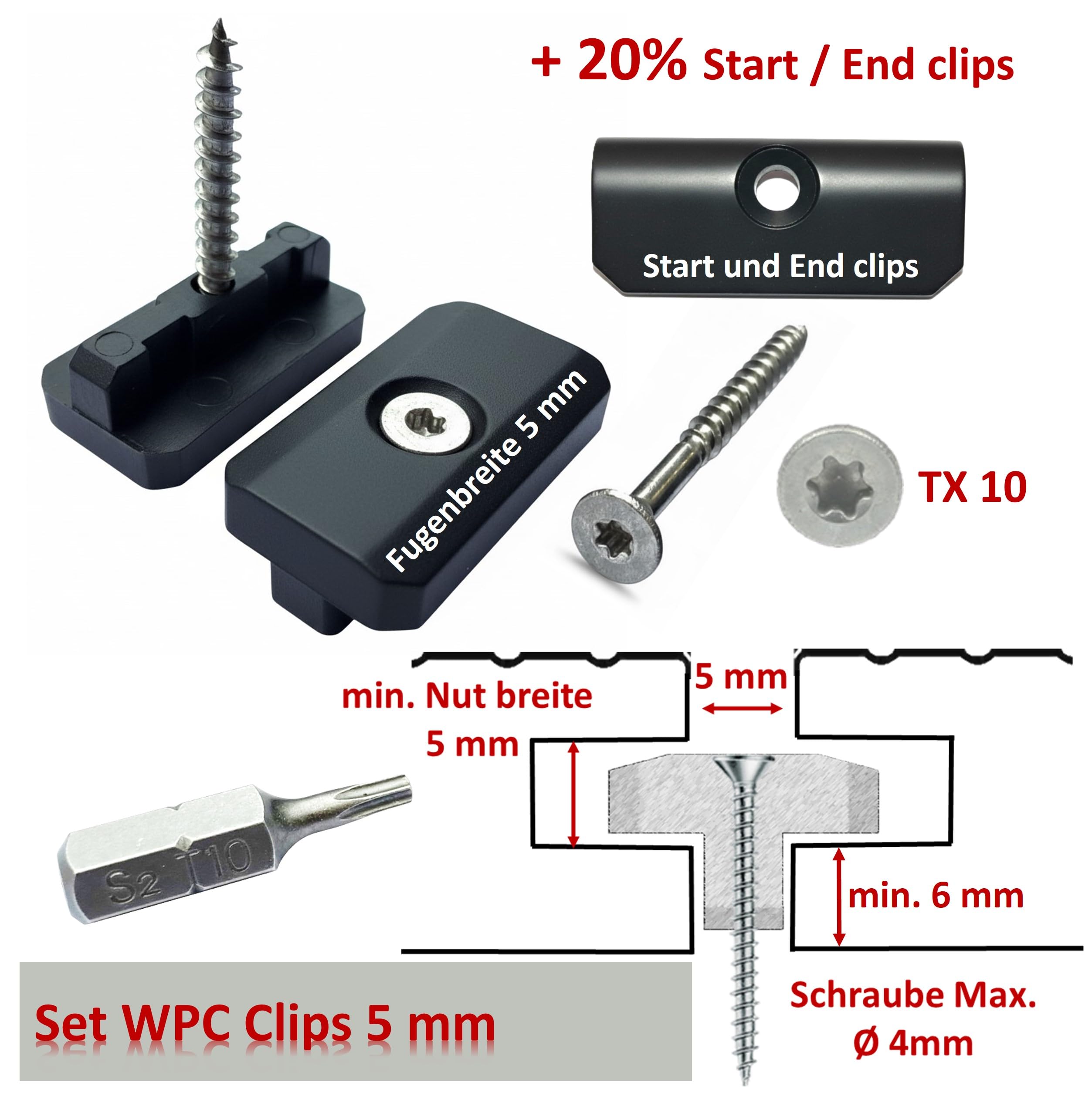 200 Stk. WPC Clips 5 mm Inkl. Schrauben + 40 Start - Endclips + 1 BIT, Befestigung Klammern Terrassendielen Montageclip Terrassenclips