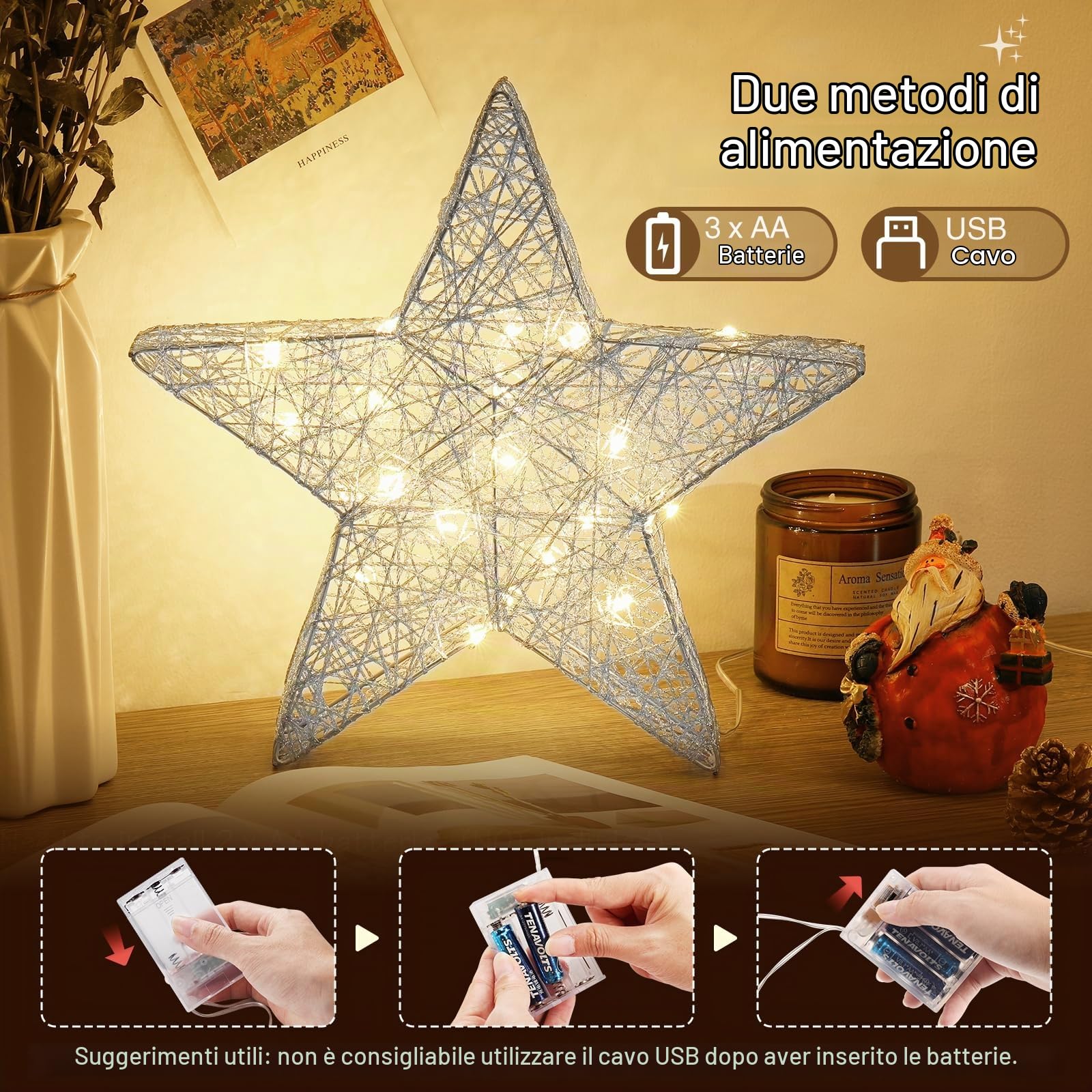 Lewondr Lampada Decorativa a Forma di Stella, Lampada da Scrivania a LED con Luce Calda Decorazione Natalizia per Interni Lampada da Tavolo per Camera da Letto e Soggiorno, Argento