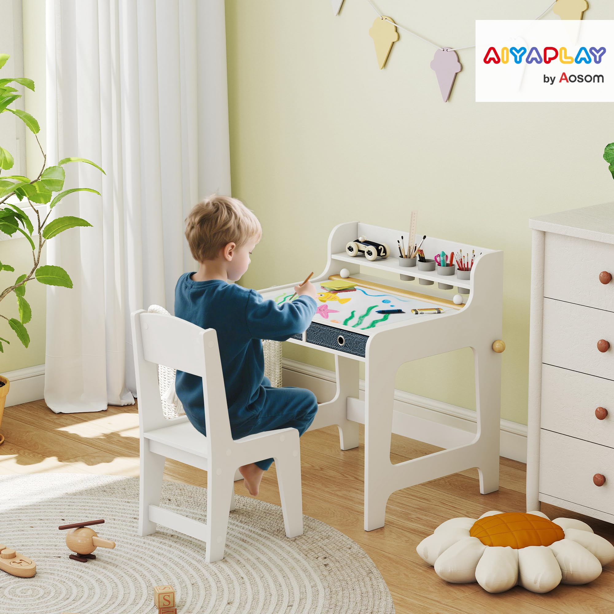 AIYAPLAY Bureau Enfant avec Chaise, Table avec 2 tiroirs en Tissu, étagère et Porte-gobelet, Blanc, pour 3-8 Ans
