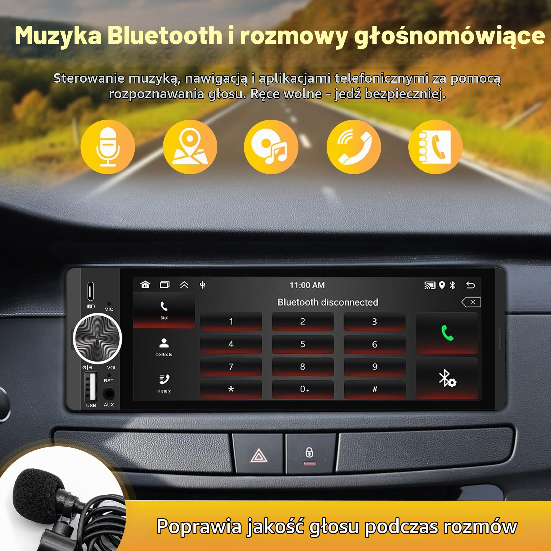 Radio samochodowe z ekranem, Single-DIN, bezprzewodowe CarPlay i Android Auto, 6,28-calowy ekran dotykowy z Bluetooth, WLAN, MirrorLink, radio FM, sterowanie z kierownicy, korektor, złącze USB-C