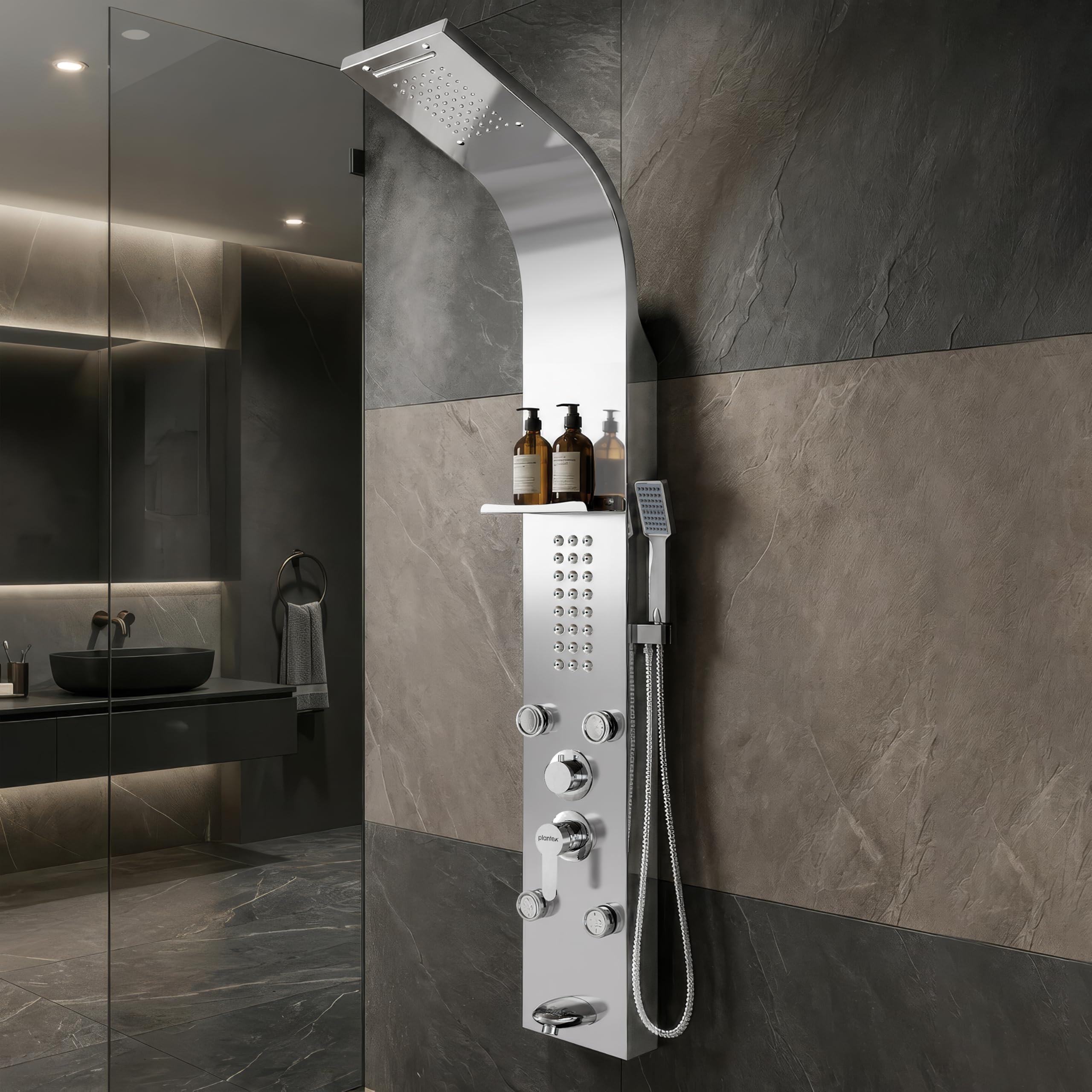 Plantex Shower Panel/6 in 1 Shower System/304 Grade Stainless Steel Handshower with Waterfall Outlet/Tub Spout/Body Massage Spray With Hot &cold Mixer- (1015, Chrome)-image-11