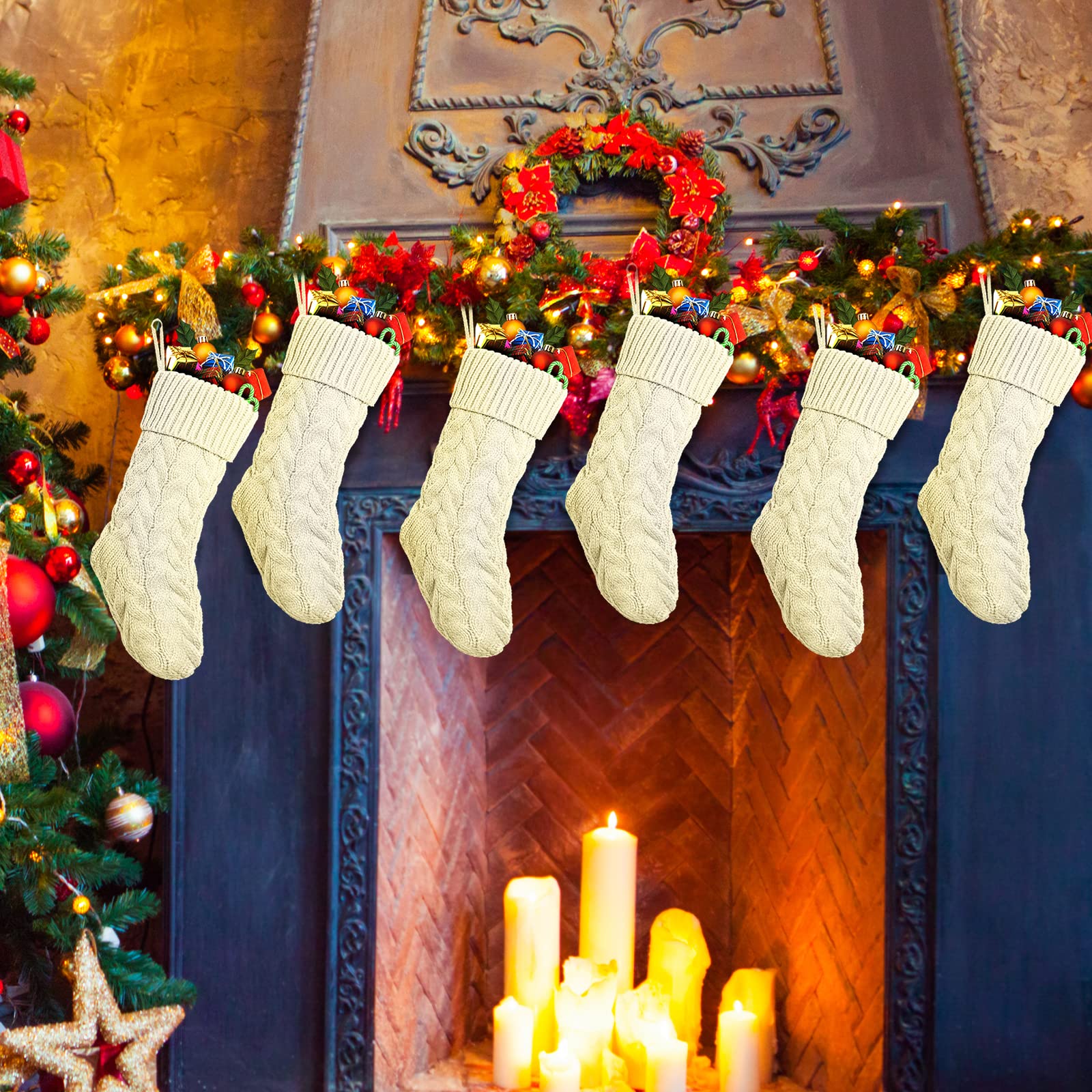 Vinsot 12 Set Christmas Stockings 18 Inches Big Cable Knitted Stockings Xmas Large Size Fireplace Stocking