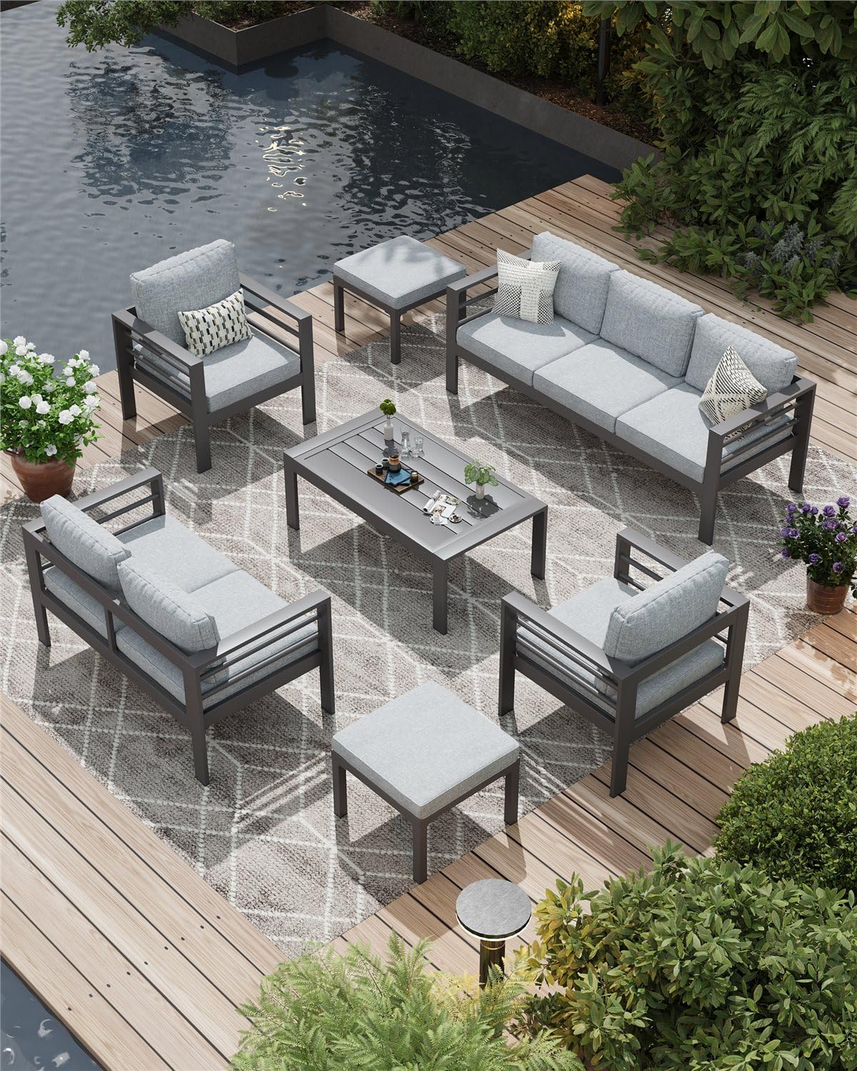 AECOJOY 7 Pieces Aluminum Outdoor Patio Furniture Set, 9 Seats, Light Gray
