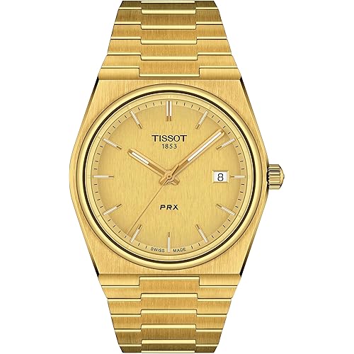 Tissot Mens PRX 316L Stainless Steel case with Yellow Gold PVD Coating Quartz Watch, Yellow, Stainless Steel, 12 (T1374103302100)