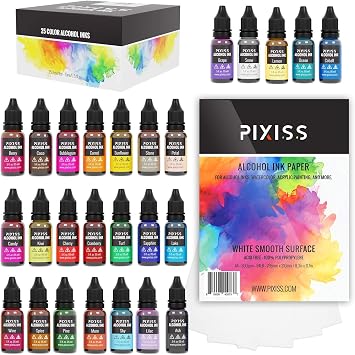 Pixiss Alcohol Ink Set - 25 Large Highly Saturated Colors (15ml/.5oz) and 25 Sheets Pixiss Heavy Weight Paper for Alcohol Ink