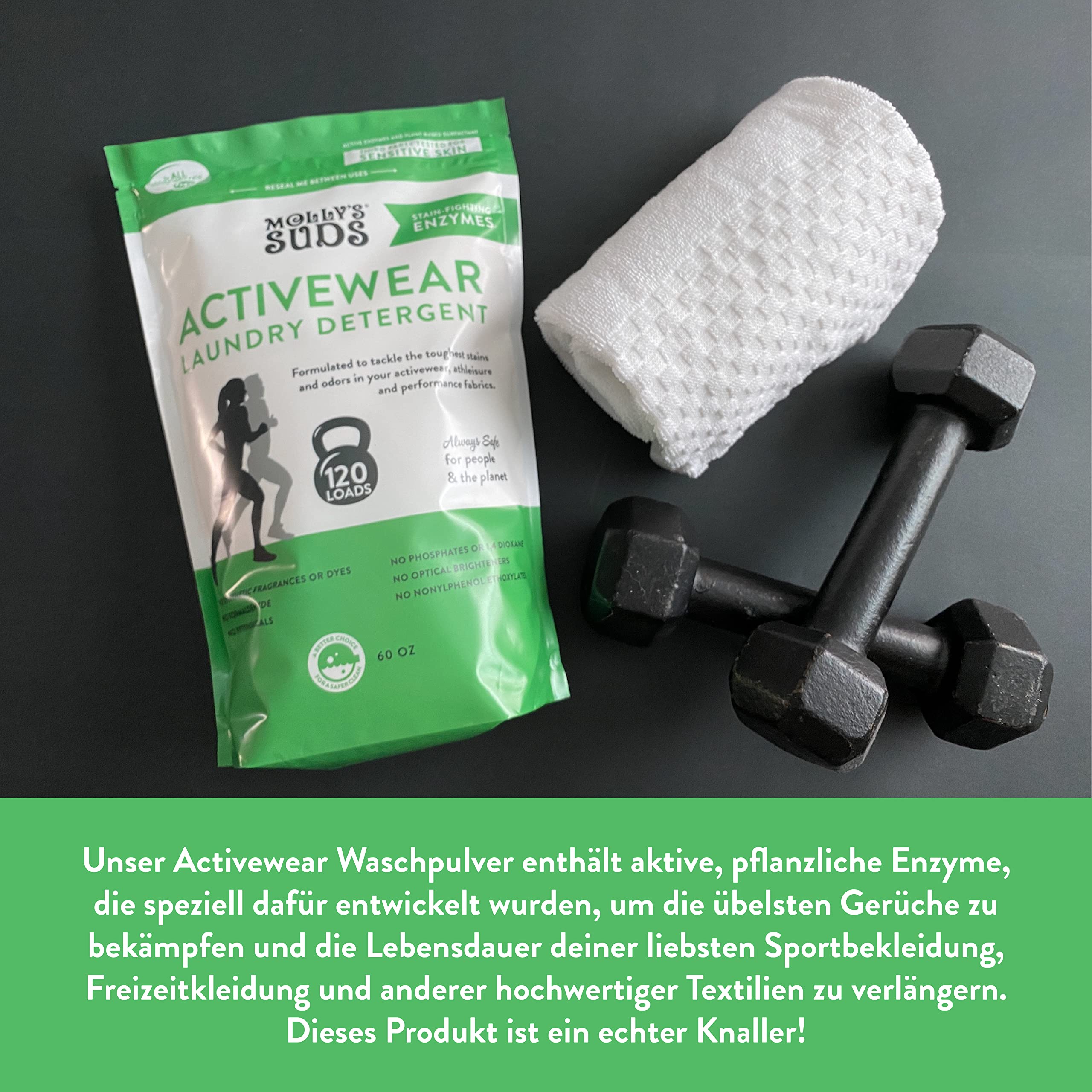 Molly's Suds Active Wear Waschmittel Pulver I Natürliches extra starkes Waschpulver, schmutzabweisend und sicher für Aktivbekleidung und empfindliche Haut I 120 Waschladungen