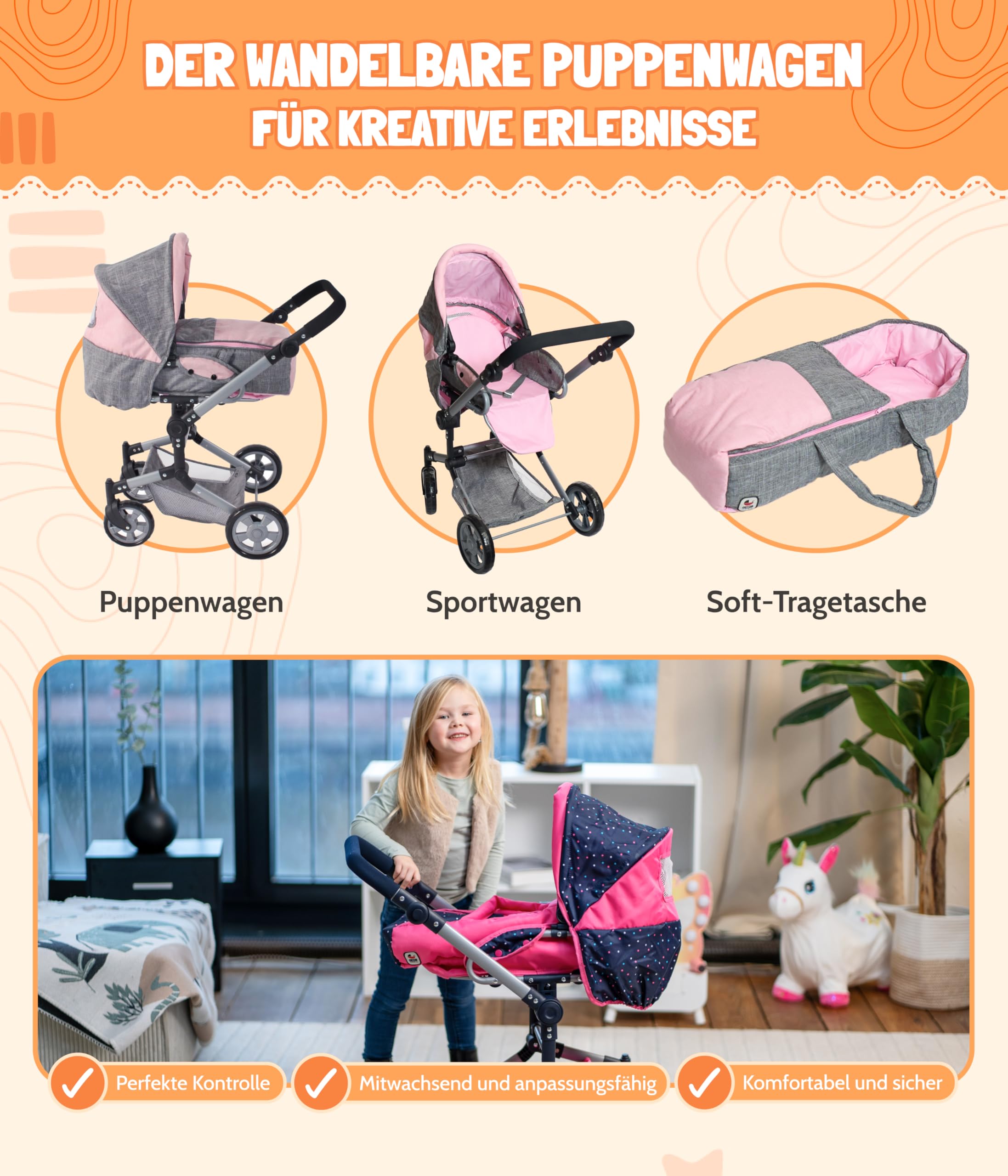 Bayer Chic 2000 Poussette de poupée Jara, Poussette combinée 2 en 1 avec Sac de Transport Amovible, Poussette pour Enfants de 4 à 8 Ans, confettis