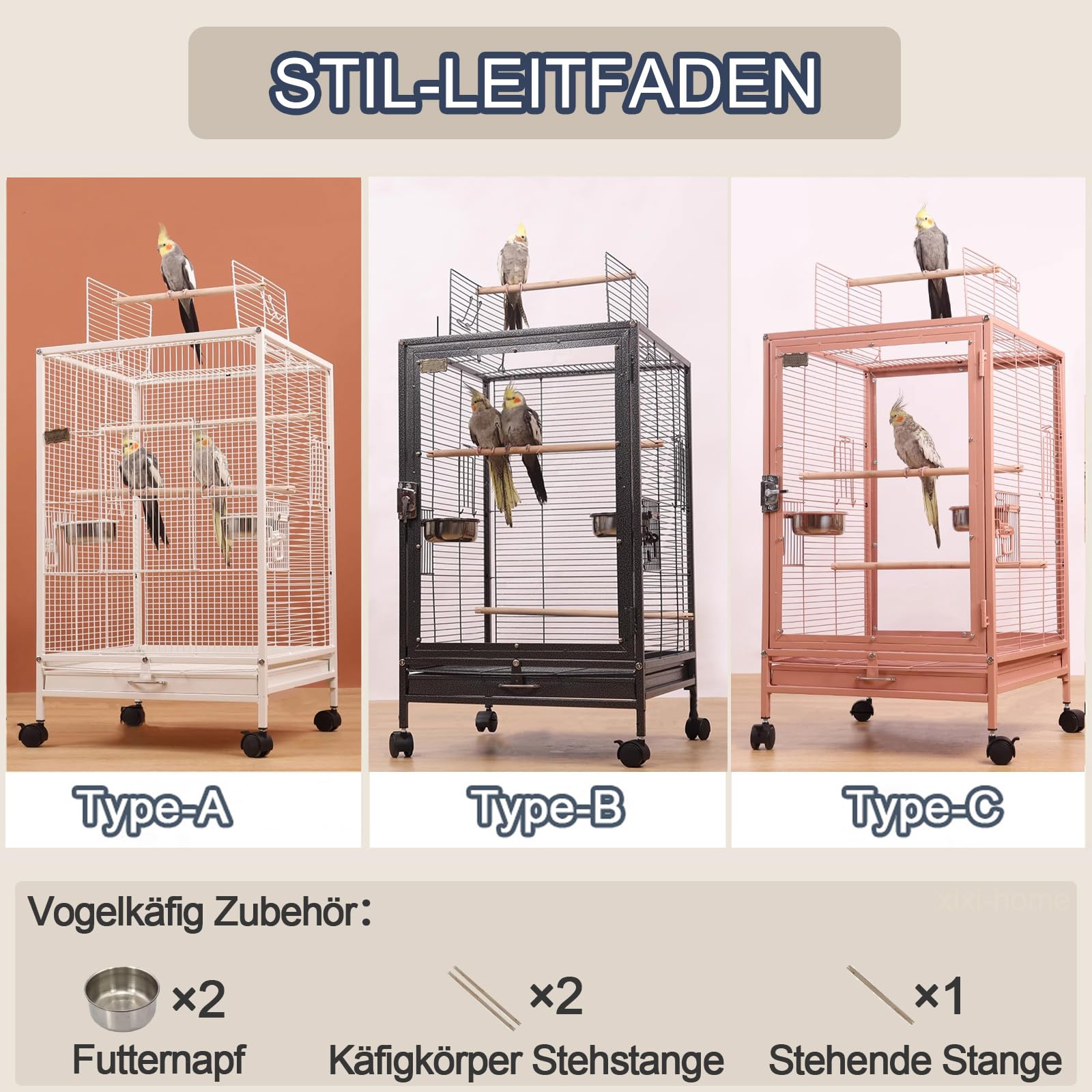Großer Vogelkäfig Vogelkäfig mit offenem Dach Papageienkäfig Vogelvoliere 46 * 46 * 77cm abnehmbare Palette mit Standbar und Nahrungsmittelbox, mit Rädern abnehmbar,Weiß-A