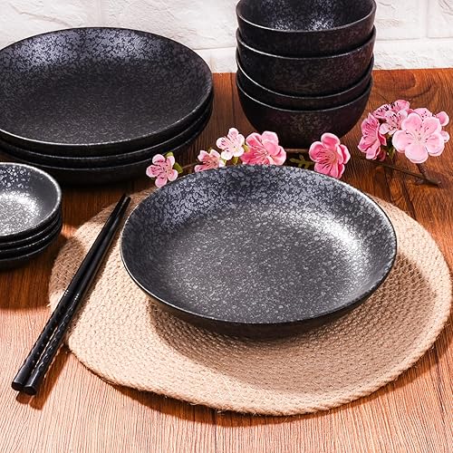 Miniatura 6 de Juego de 4 platos japoneses de cerámica negra de 8 pulgadas para ensaladas, pasta, queso, jamón, antipasti, microondas y lavavajillas