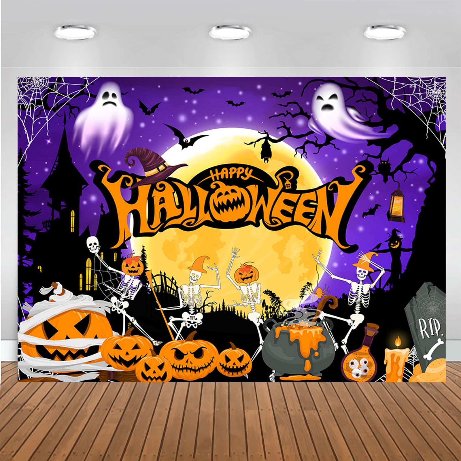 Mocsick Happy Halloween Backdrop for Photography Orange Night Moon Halloween Party Decoration Trick or Treat Skull Pumpkin Spider Halloween Banner