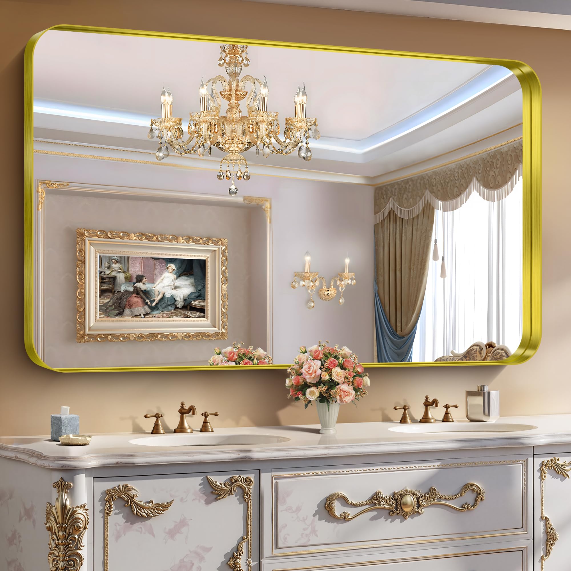 circumi gold bathroom mirror, 36"x60" rectangular mirror with deep metal frame, rounded corner, tempered glass, large mirror for wall, over 2 sinks, installed vertically/horizontally, crystal-clear
