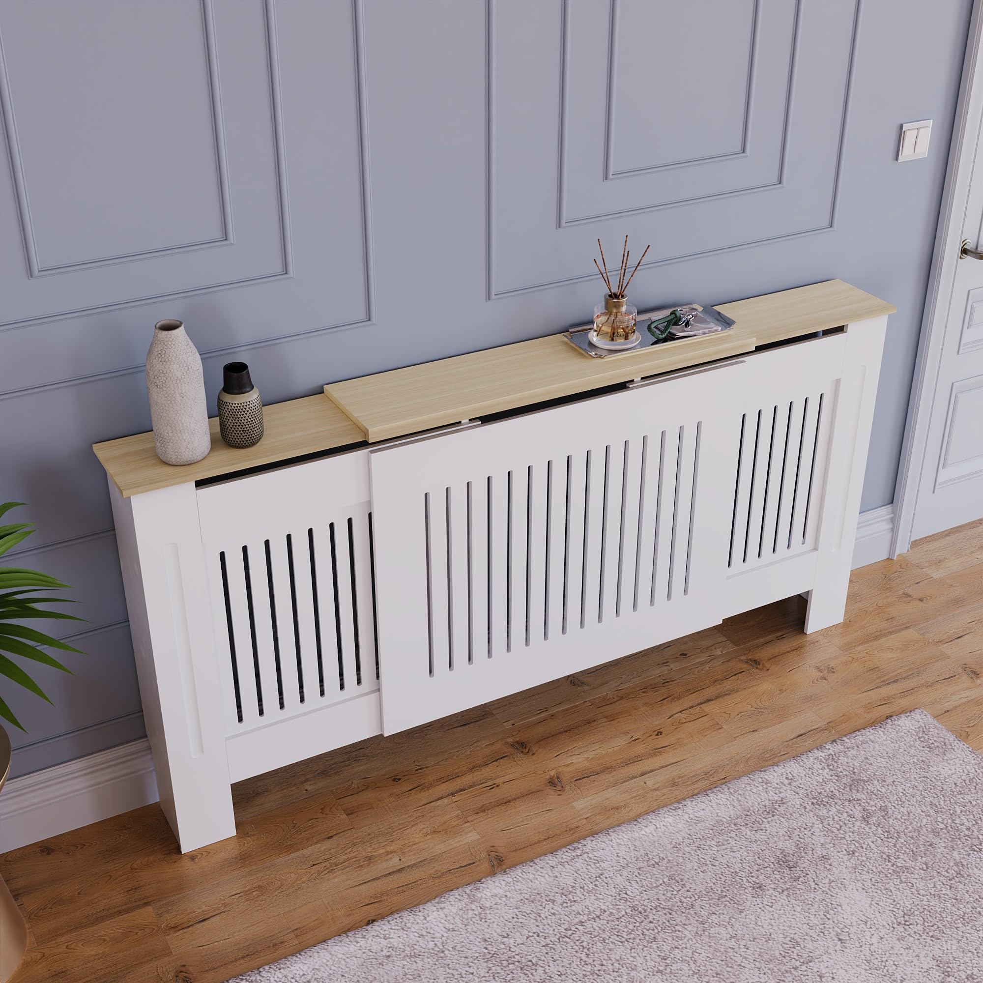 Vida Designs Arlington Heizkörperabdeckung Weiß Verstellbar Modern Shaker Style Vertical Slat H83xW140-204xD19cm Lackiertes MDF