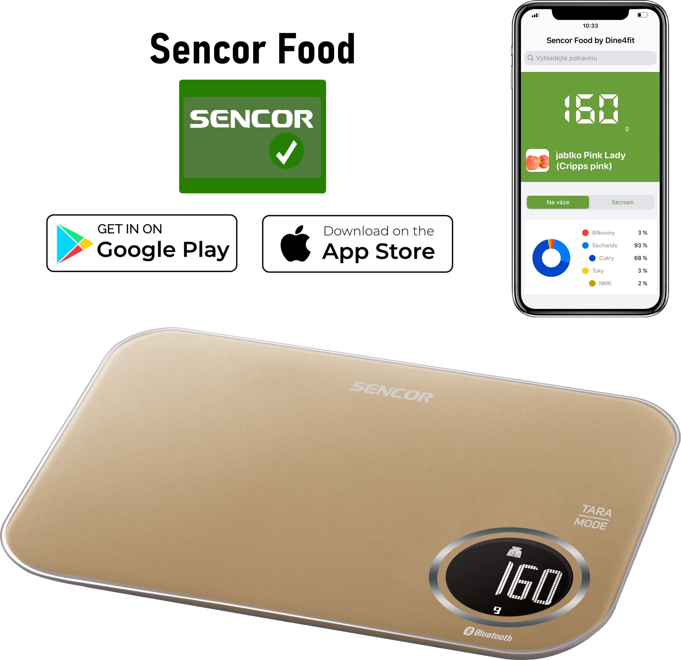 Sencor SKS707X elektronische Küchenwaage Lebensmittel Bluetooth Smart Hartglas Küchenwaage Professionelle digitale Küchenwaage LCD Display Präzision 0.1g (Champagner)