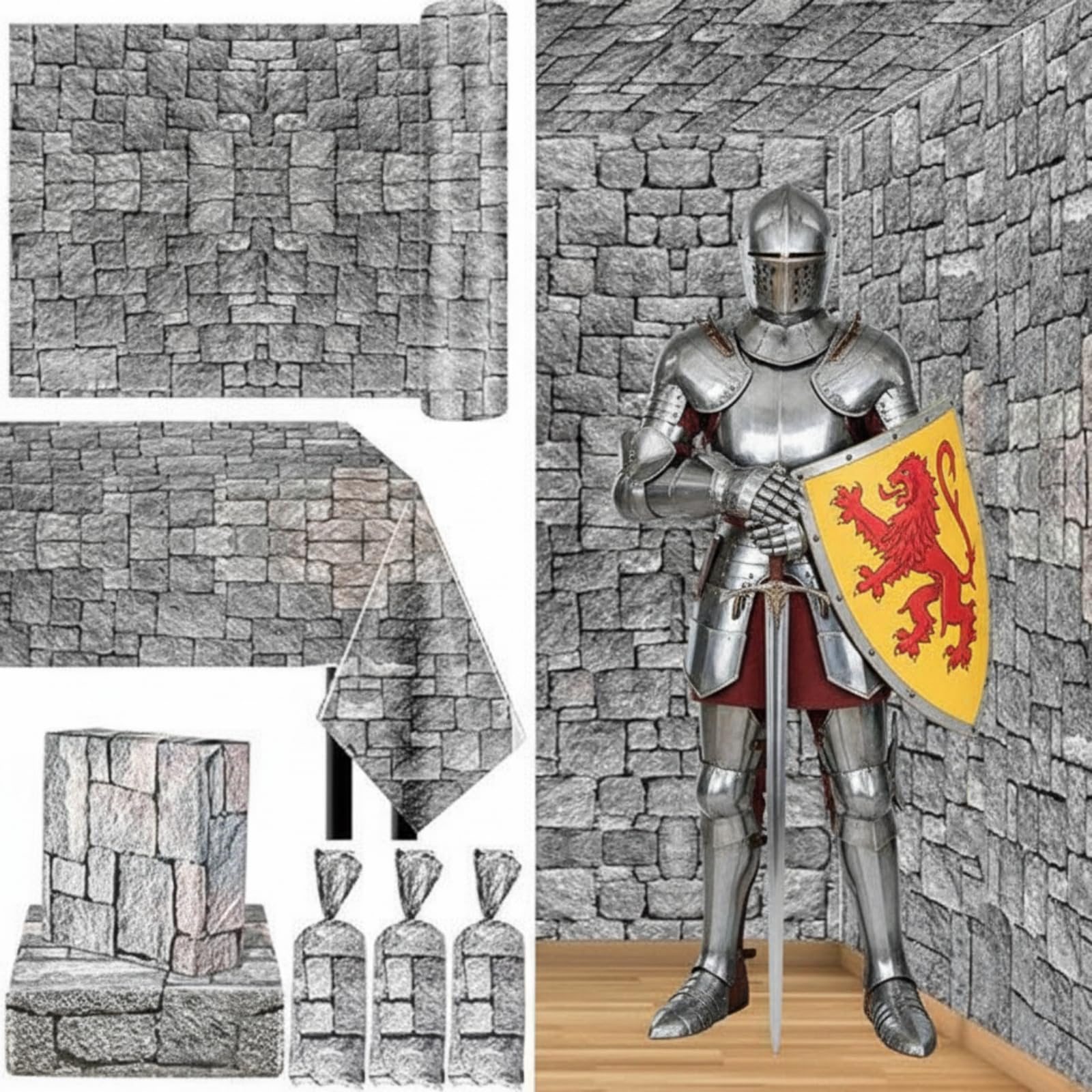Jecery 164 ft x 39.4 Inch Stone Wall Tablecloth Roll Plastic Disposable Medieval Castle Table Cover Brick Backdrops Knight Themed Party Supplies for