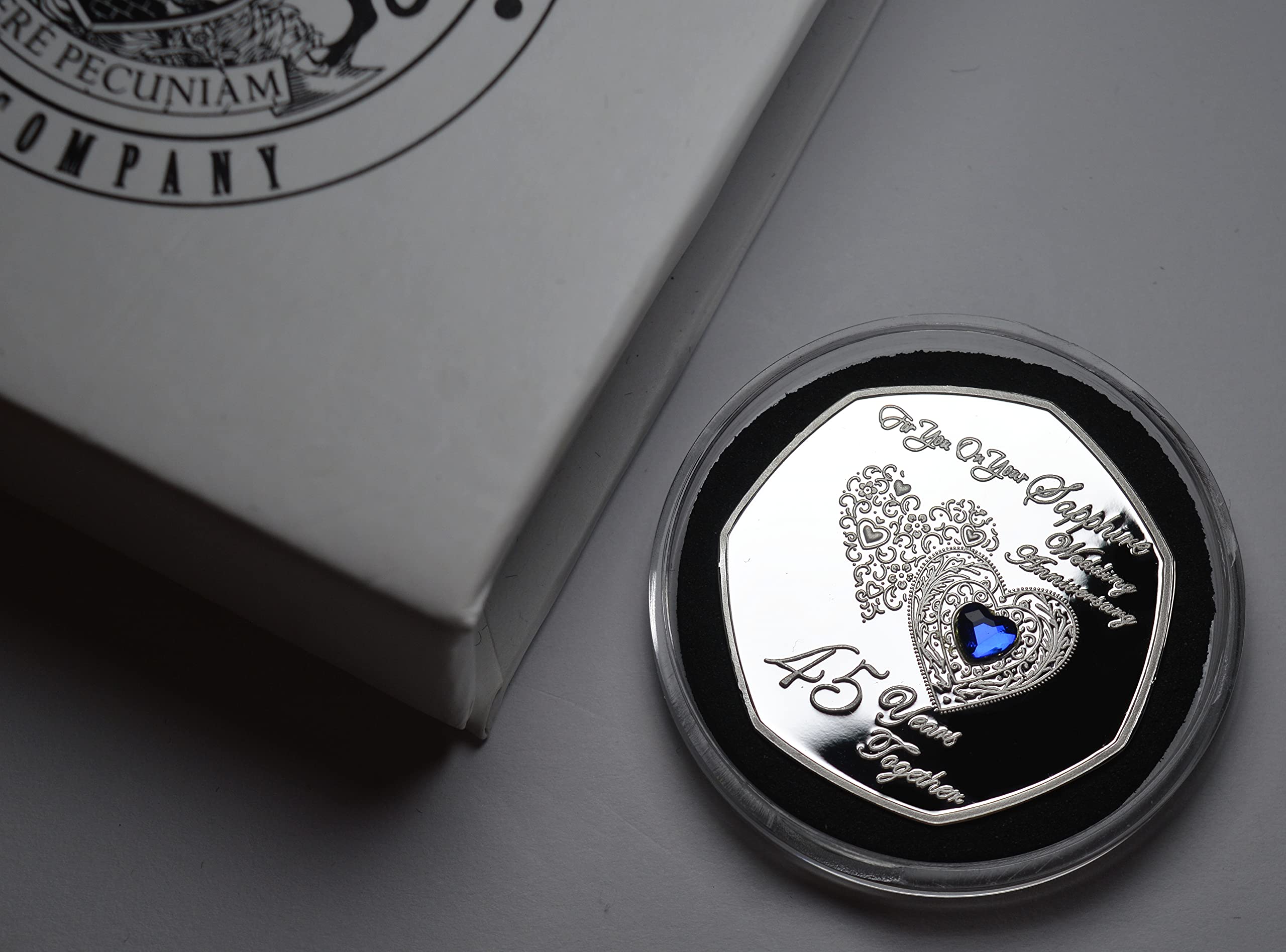 The Commemorative Coin Company For You On Your 45TH SAPPHIRE WEDDING ANNIVERSARY Silver Commemorative with Diamante Gemstone in Gift Box. Gift/Present. Parents/Friends/Family. 45 Years Together