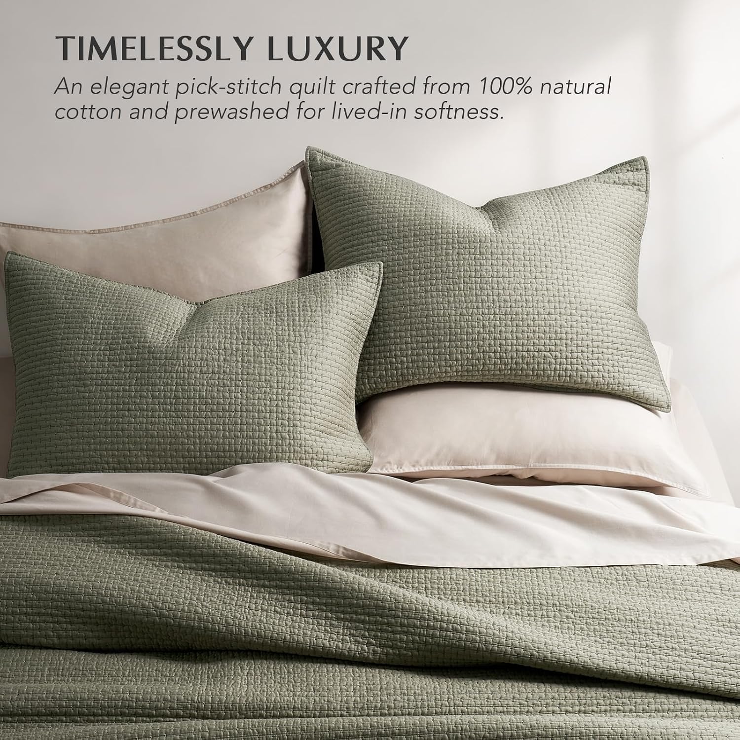 EVERGRACE Cotton Sateen Pick-Stitch Quilt Set King Size – 100% Cotton Lightweight Coverlet Bedding, Pre-Washed Oversized Bedspread, Breathable All-Season Quilt Set with 2 Shams, Eucalyptus Green | Pick-Stitch Design, Luxe Cotton Sateen, Double Sided, 100% Cotton, Oeko-Tex Certified, Lightweight