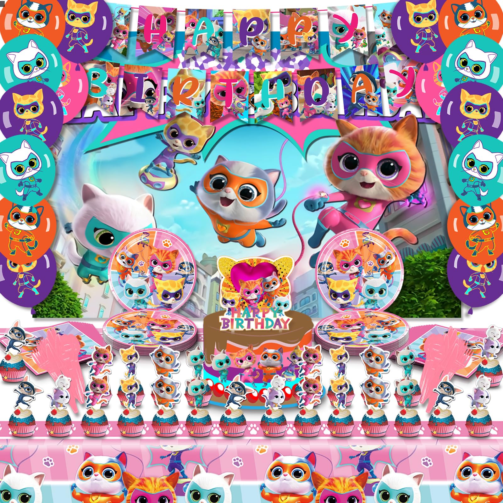 60 Pcs Kitty Birthday Party Supplies - Super Cat Birthday Decorations include Banner, Birthday Balloons, Tablecloth, Cake & Cupcake Toppers, Backdrop for Kids Fans