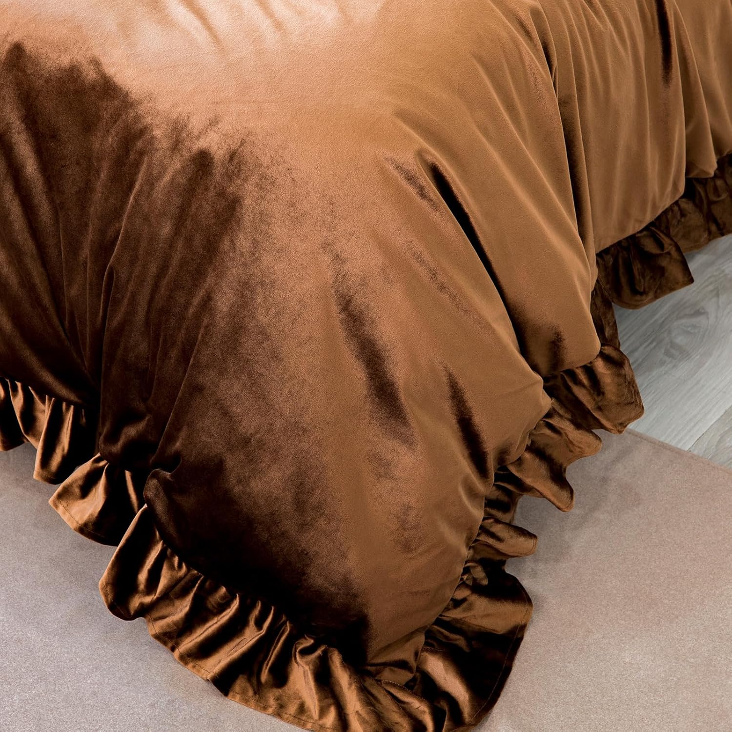 GLORY SEASON Velvet Duvet Cover Set Retro Ruffle Flounces Trim Luxurious Solid Golden Camel Farmhouse Vintage Comforter Cover Bedding Sets, Matching Shams for Home Bedroom Decor, Queen 90"x90"