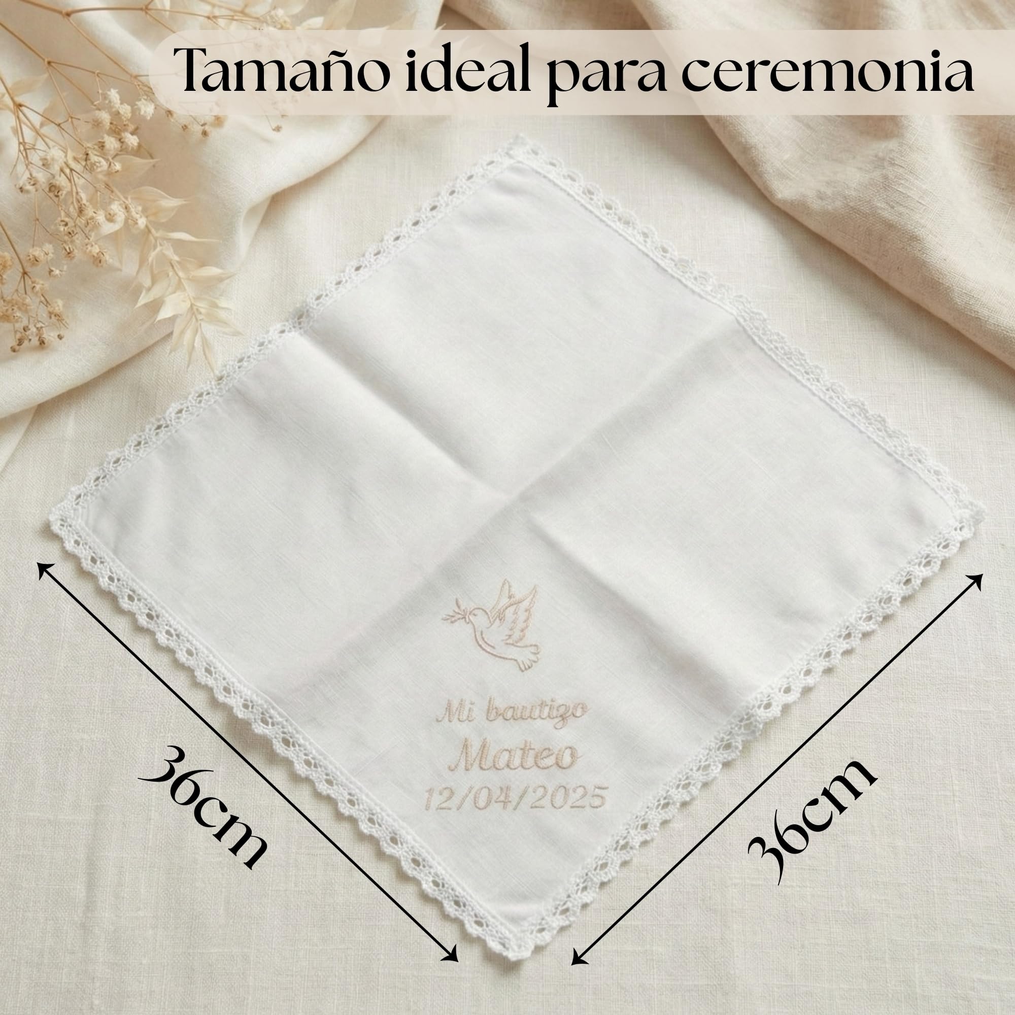 SticTag Pañuelo Bautizo Personalizado Bordado con Nombre y Fecha – Paño Bautismo de Lino y Algodón Natural – Pañuelo Bautizo Niño Niña – Regalo Bautizo Personalizado - 4