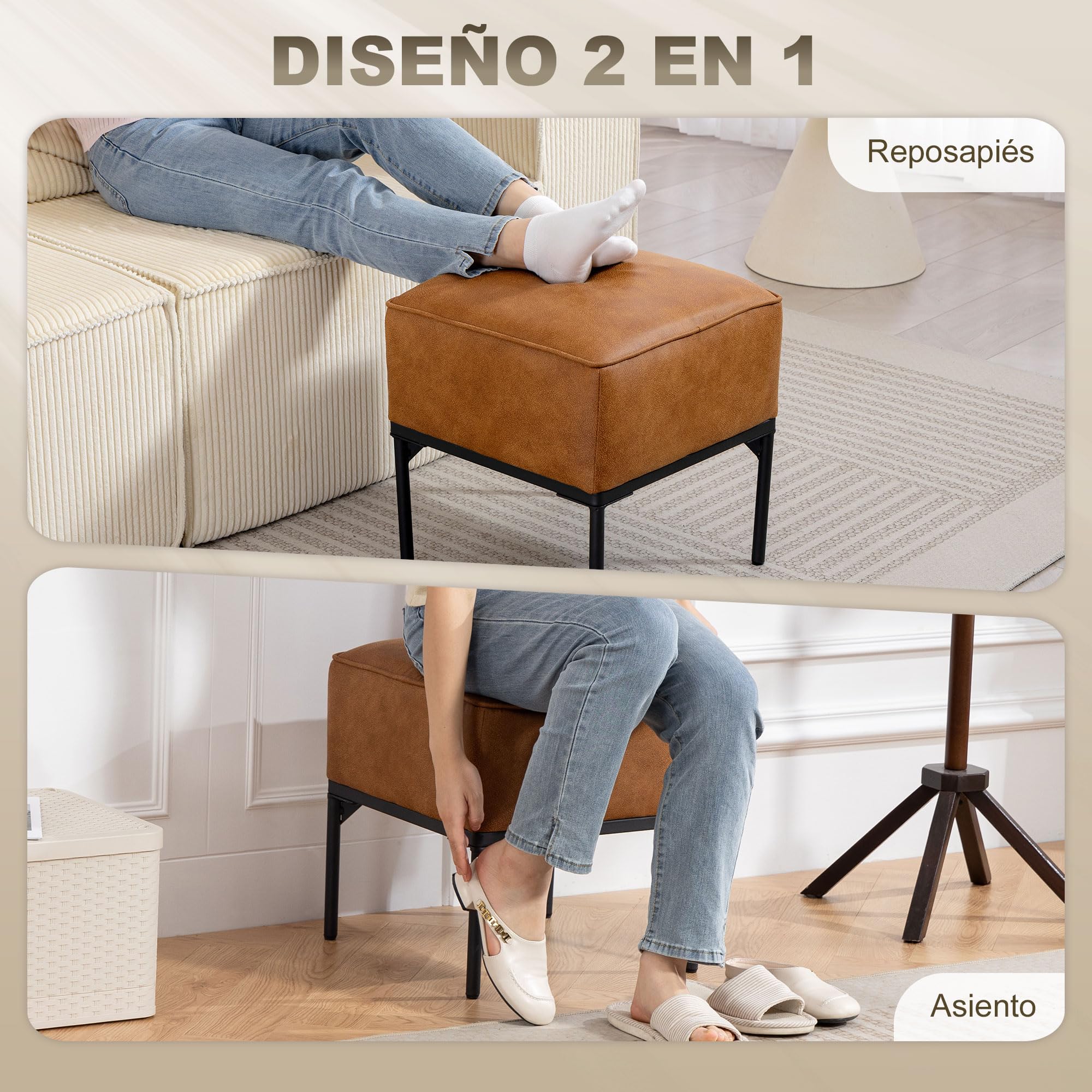 HOMCOM Reposapiés Salón Taburete Bajo Moderno Otomana 40x40x46 cm Marrón | Asiento Acolchado Grueso, Patas de Acero, Cuero Sintético, Otomana de Dormitorio, Carga 120 kg, para Entrada, Pasillo