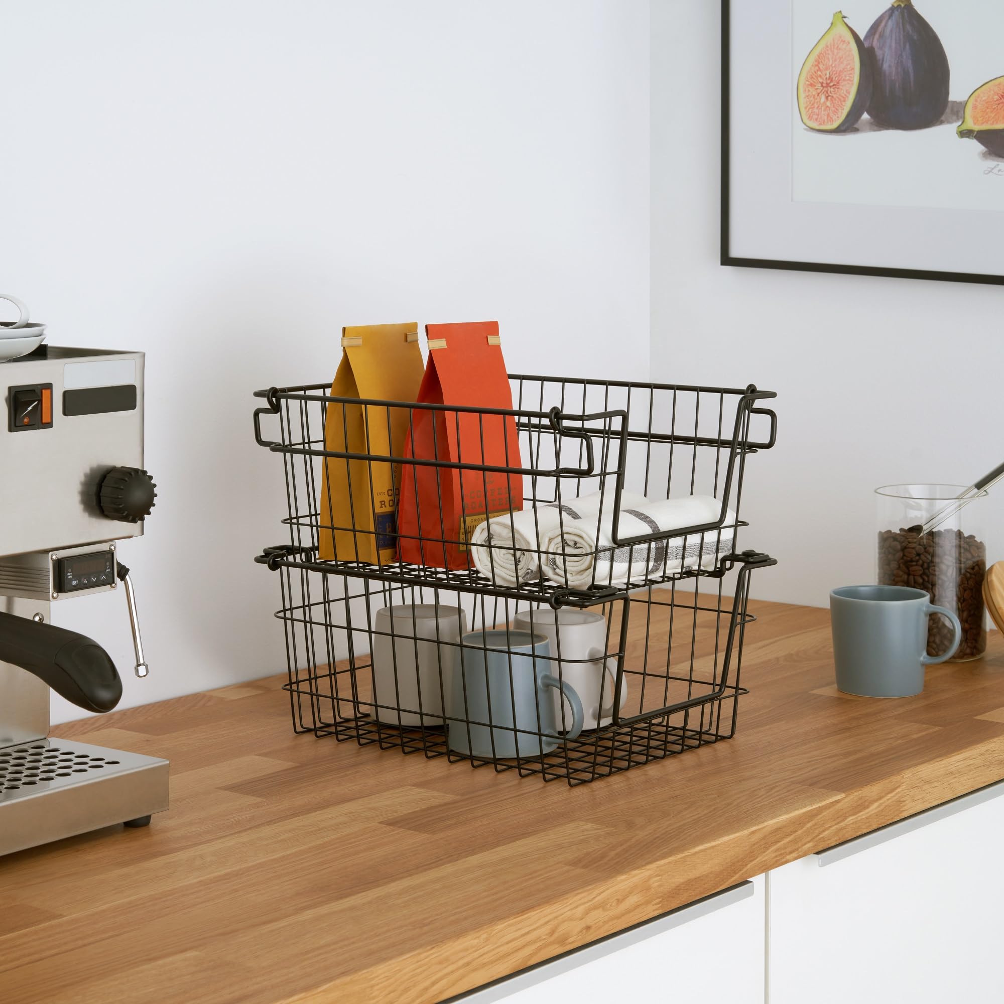 TRINITY 2-Pack Stackable Metal Wire Storage Baskets With Handles, Black, 11 Inches