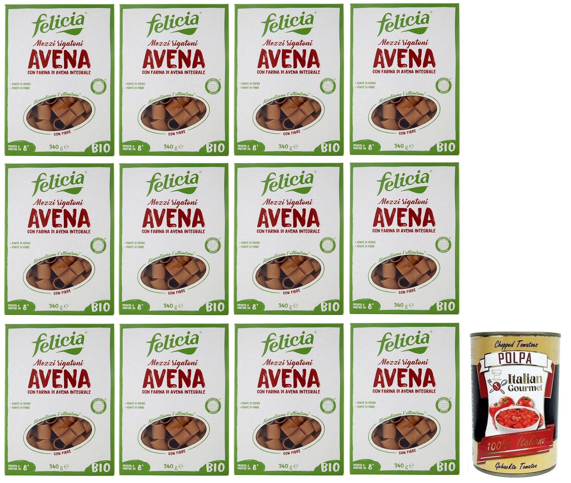 Italian Gourmet Mezzi Rigatoni Avena pasta bio 12 x 340g glutenfrei Hafer | Con farina integrale di cereali; ohne Weizen, gute Bissfestigkeit, ideale, Gesamtnettogewicht 4,08 kg + Kostenlos Polpa 400g