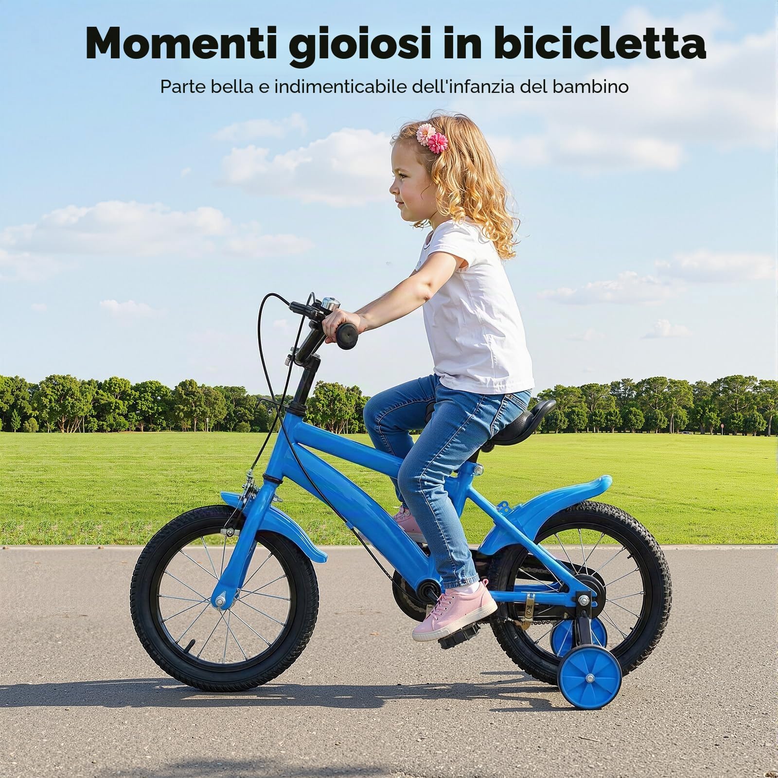 Bicicletta per bambini da 14 pollici, per ragazzi e ragazze, con ruote di supporto e sistema a doppio freno, manubrio e sella regolabili in altezza, bicicletta per bambini a partire dai 3