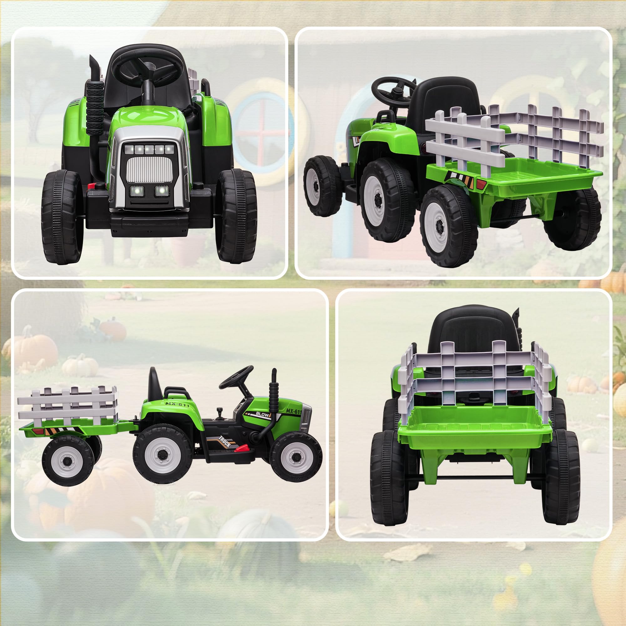 HOMCOM Tracteur électrique avec remorque Amovible, Voiture électrique Enfants de 3 à 6 Ans avec télécommande MP3 Musique Affichage lumières et Ceinture de sécurité, 12V 3-6 km/h, Vert