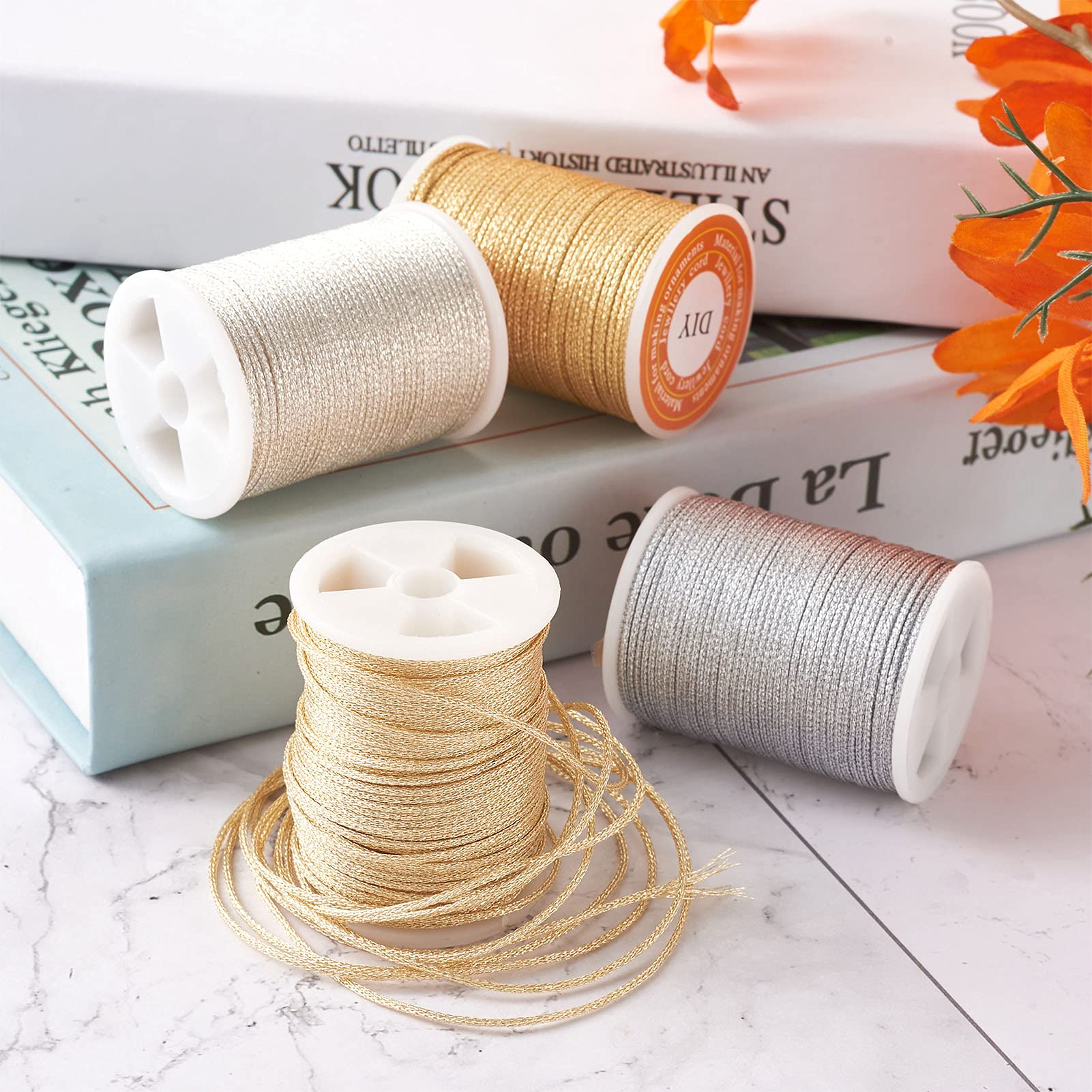 Cheriswelry 4 Rolls 1mm Braided Polyester Cord - Gold Metallic Jewelry String For Knotting DIY Crafts - View #3