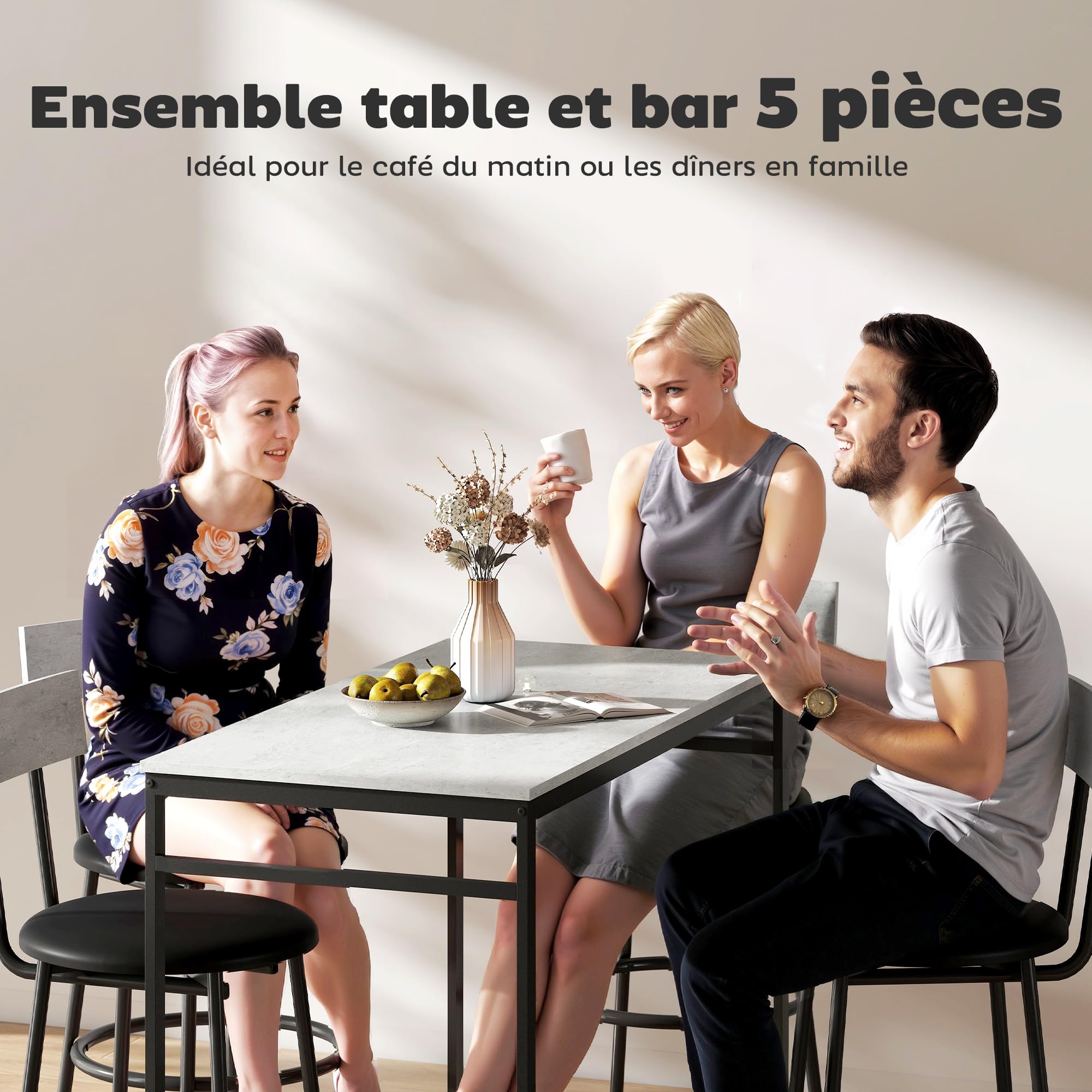 HOMCOM Ensemble table de bar avec tabourets, table haute bar et 4 tabourets, table à manger haute avec chaises, repose-pieds, structure en acier, style industriel, pour salle à manger et cuisine, gris