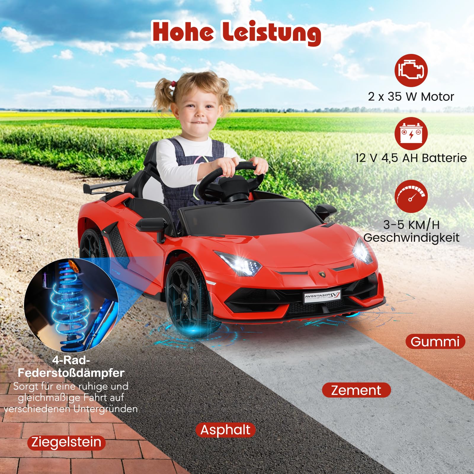 COSTWAY Lamborghini Elektroauto für Kinder, Kinderfahrzeug mit 2,4G Fernbedienung & LED Scheinwerfer & MP3-Player & Hupe & Musik, Elektrofahrzeug 3-5 km/h, Kinderauto für Kinder ab 3 Jahren (Rot)