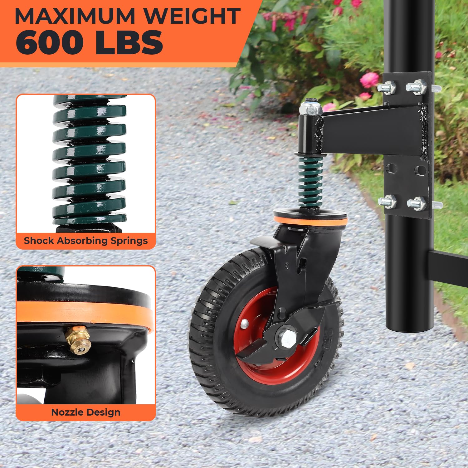FAHKNS Ruedas giratorias de 8 pulgadas con freno, giro de 360 grados, con resorte, capacidad de 600 libras, para puerta de tubo oscilante de metal, puerta de valla de madera, paquete de 2