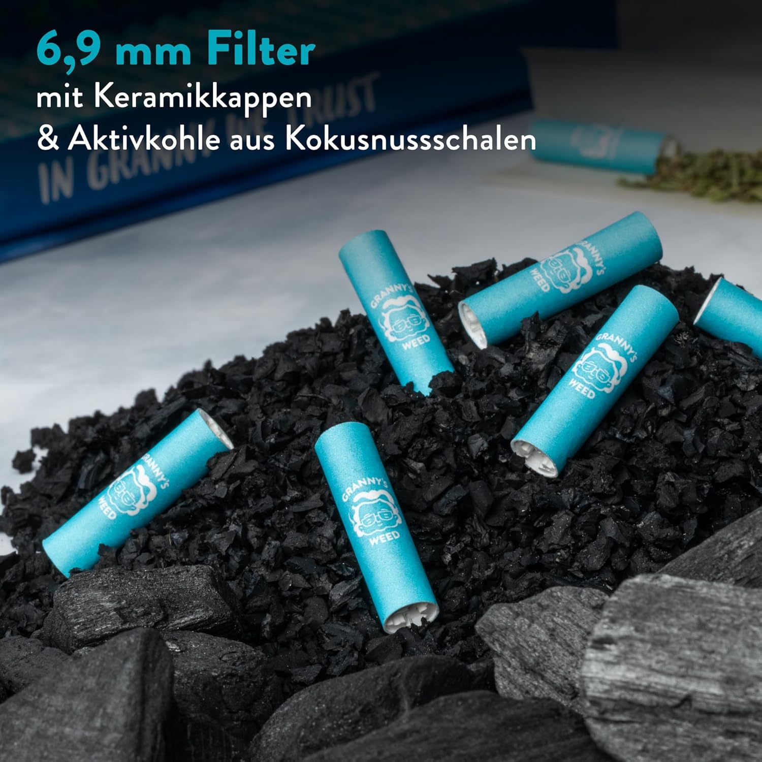 Granny's Exclusive Activated Carbon Filter, 210 x Diameter 6.9 mm Filter Tips, Made of Vegan Coconut Activated Carbon, Pack of 210 in Blue, Carbon Filter for Self-Turning