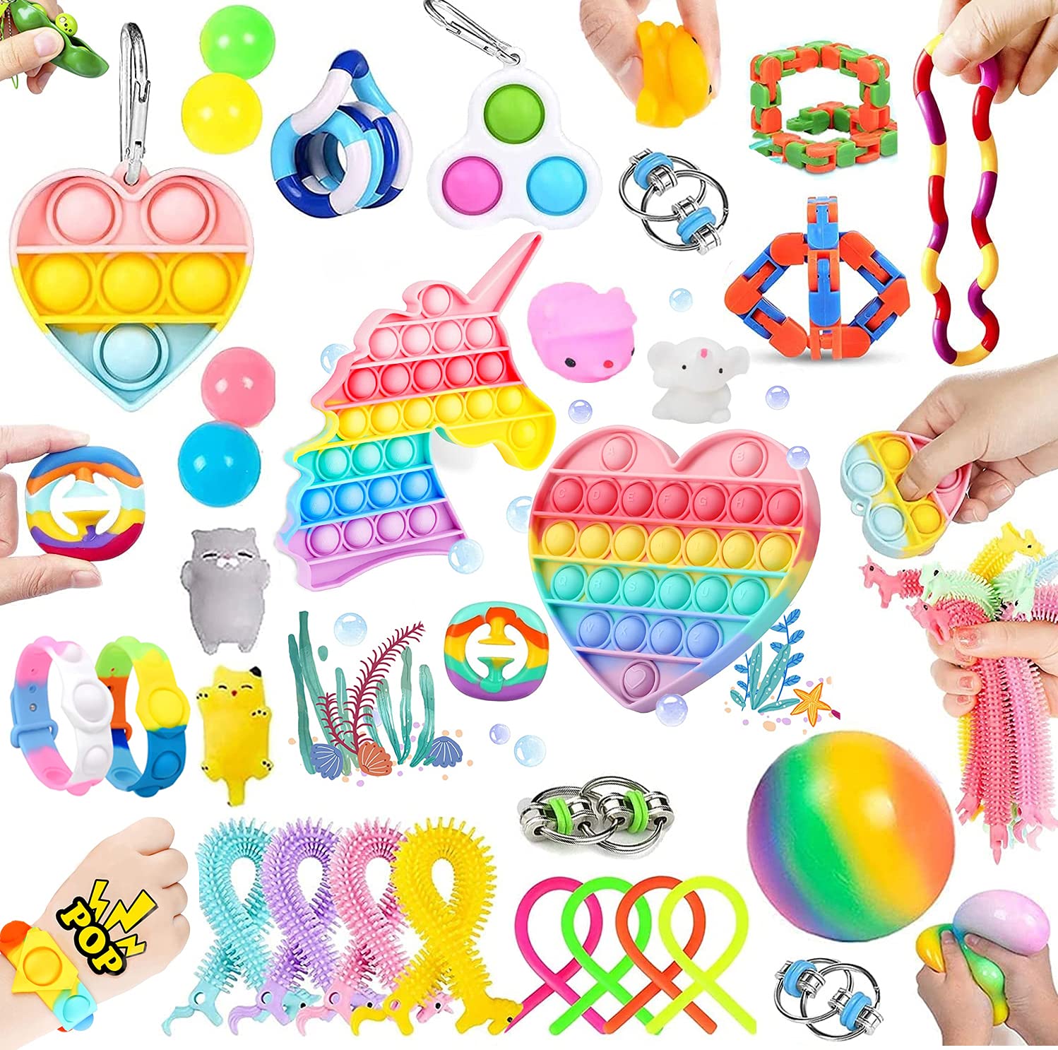 32 Pcs Sensory Relief Toys Set Cheap, Fidget Toys Set For Kids Stress And Anxiety Relief Fidget Toys, Cheap Fidget Toys Kit, Fidget Set With Pop it Bracelet Stress & Sticky balls, Etc