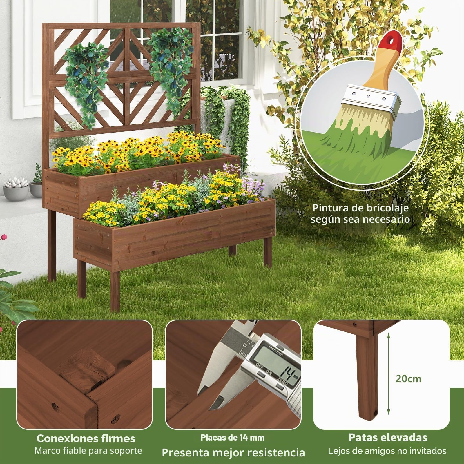 GOPLUS Cama Elevada de Jardín con Enrejado, Jardinera Exterior para Plantas Trepadoras de 2 Niveles, Enrejado de Jardín con Orificio de Drenaje, Huerto para Flores para Terraza Patio Balcón (Marrón)