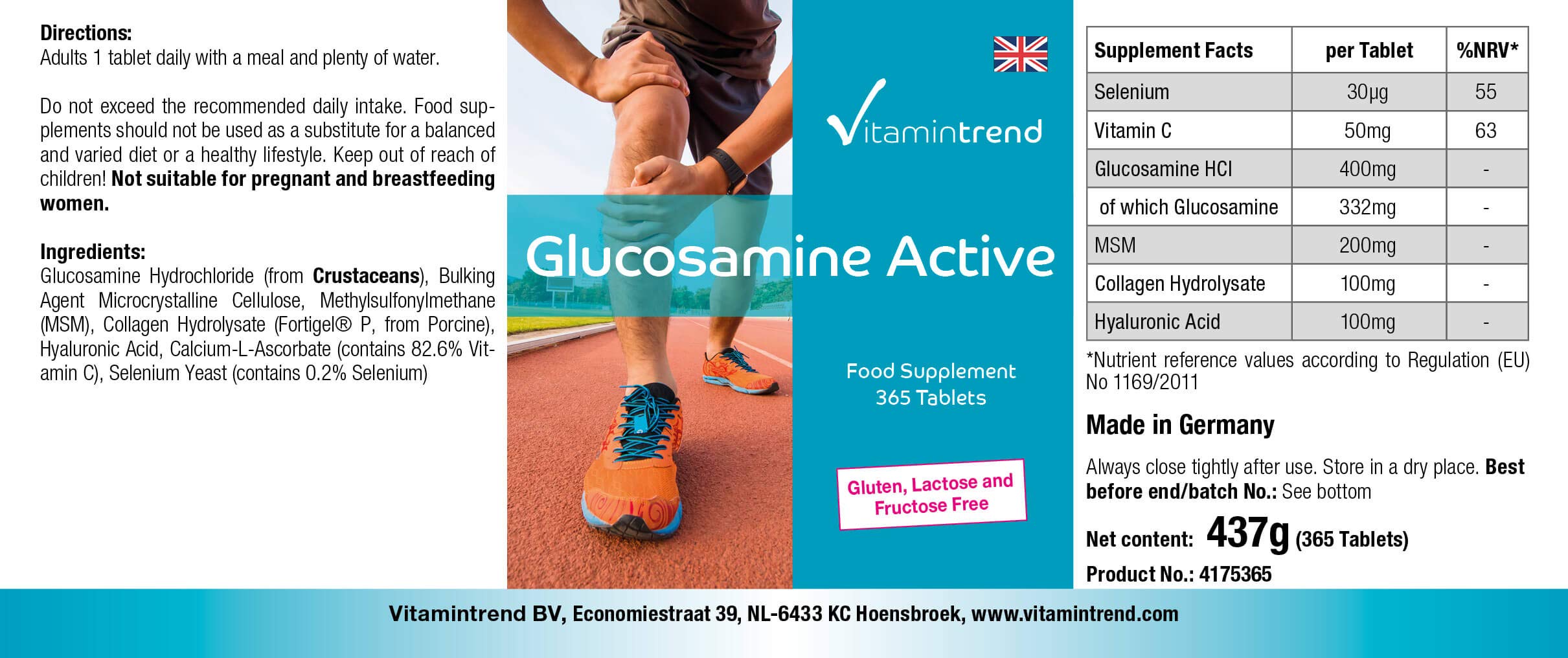 Vitamintrend Glucosamine Active, 365 comprimés, hautement dosé, avec MSM, collagène, vitamine C et sélénium, complément alimentaire sans stéarate de magnésium, fabriqué en Allemagne