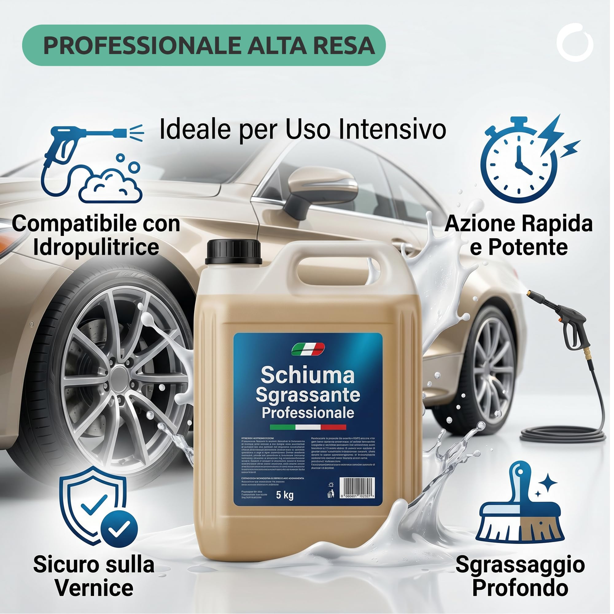 GOVITA, SgrassaMax, Detergente Schiumogeno Concentrato, Per Idropulitrice, Alto Potere Lucidante, Non rovina le Plastiche, Ideale per Prelavaggio Auto, 5L (8)